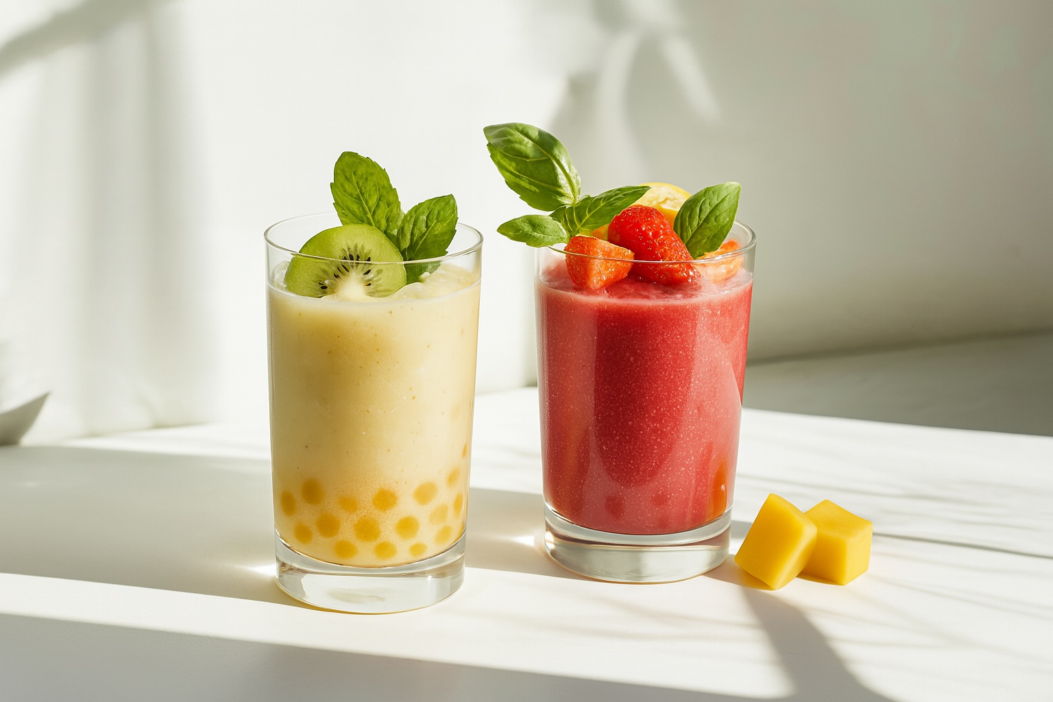 A photograph showcases two fruit smoothies in clear glasses, one yellow smoothie with mango crystal boba and kiwi garnish, the other red with strawberry and mango toppings, both garnished with fresh herbs.