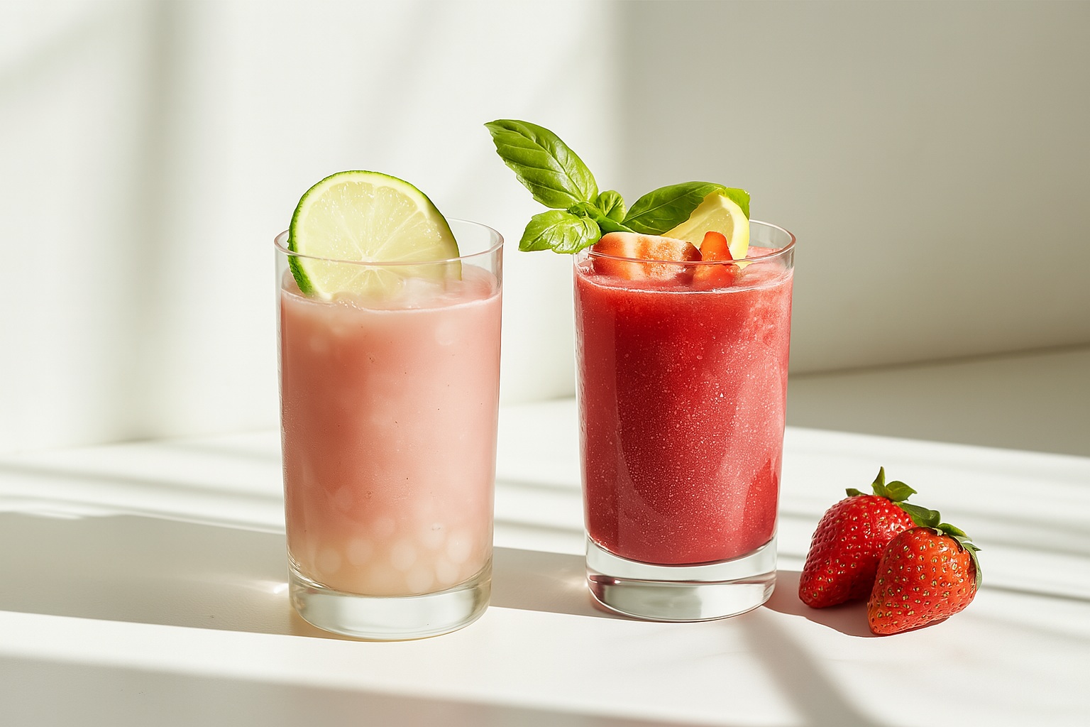 Two fruit-based beverages in clear glasses, one featuring pink lychee crystal boba with a lime slice, the other a red smoothie with strawberries and basil.