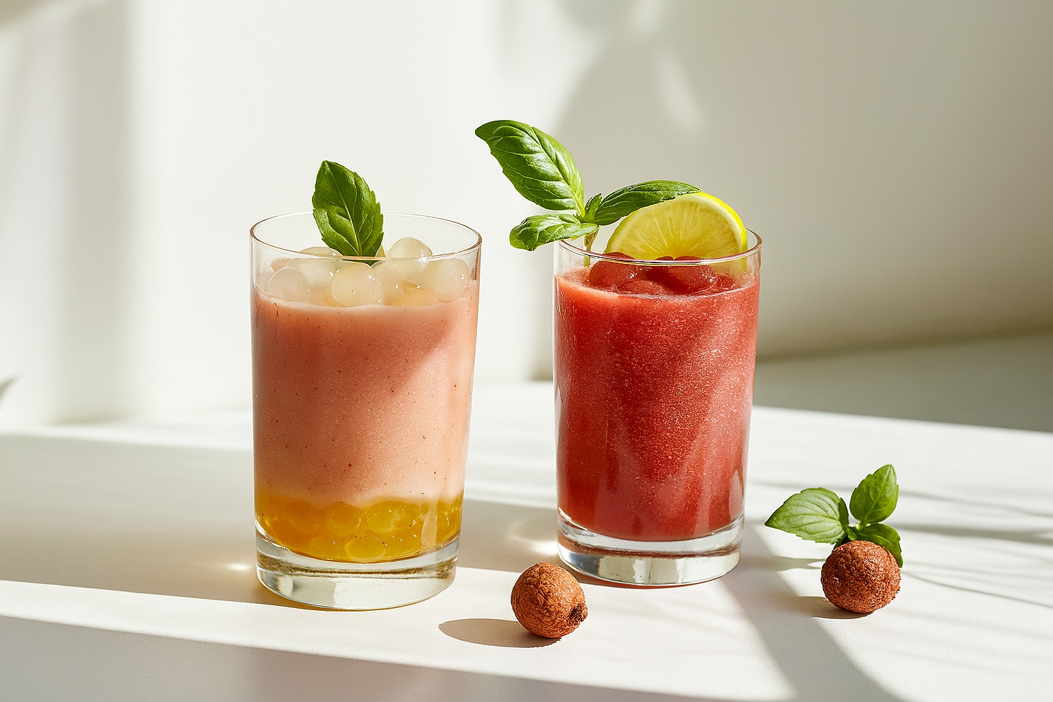 A digital photograph showcases two fruit-based beverages featuring lychee popping boba and garnishes on a sunlit white surface.