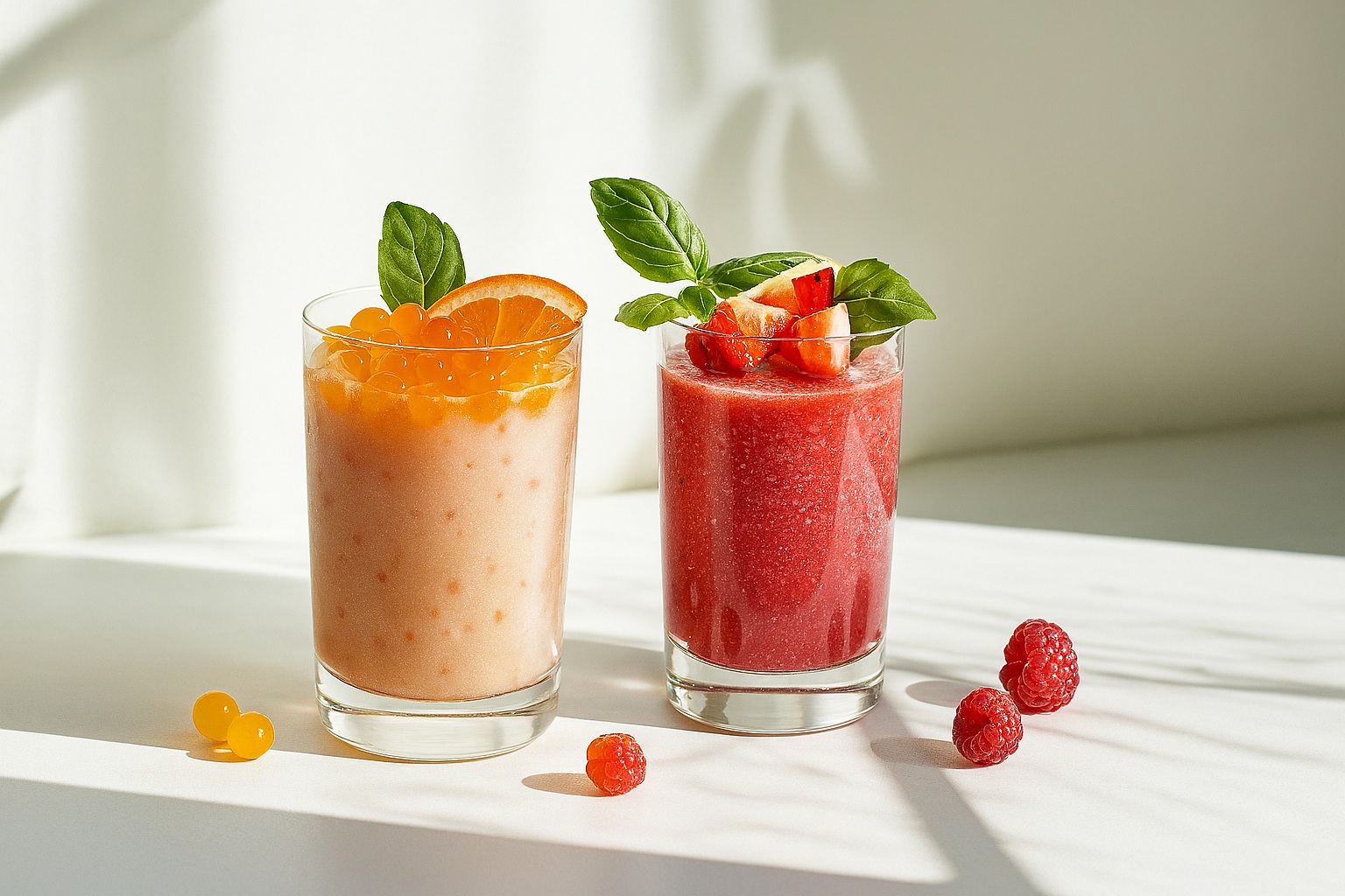 A digital photograph showcases two fruit smoothies in clear glasses. The left smoothie is a light peach color topped with orange popping boba, orange slices, and fresh basil. The right smoothie is deep red with strawberry pieces and basil on top. Sunlight and soft shadows enhance the vibrant presentation.