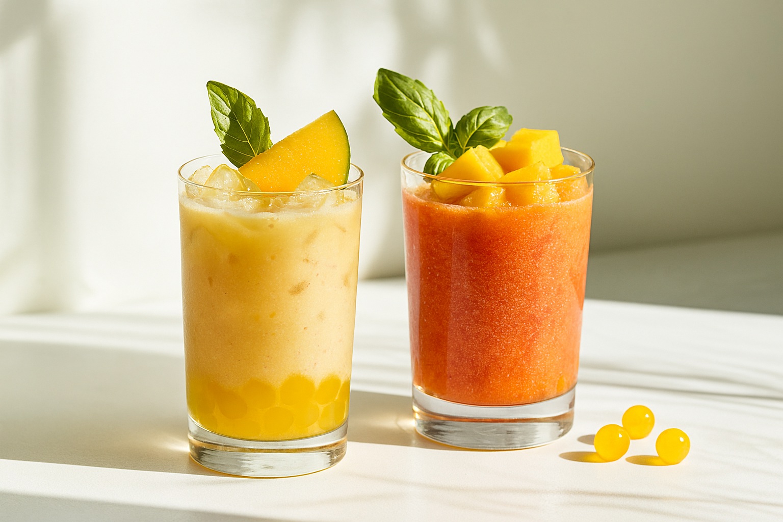 Two mango-based beverages topped with mango slices and basil leaves, one with yellow mango popping boba and the other with a rich mango smoothie.