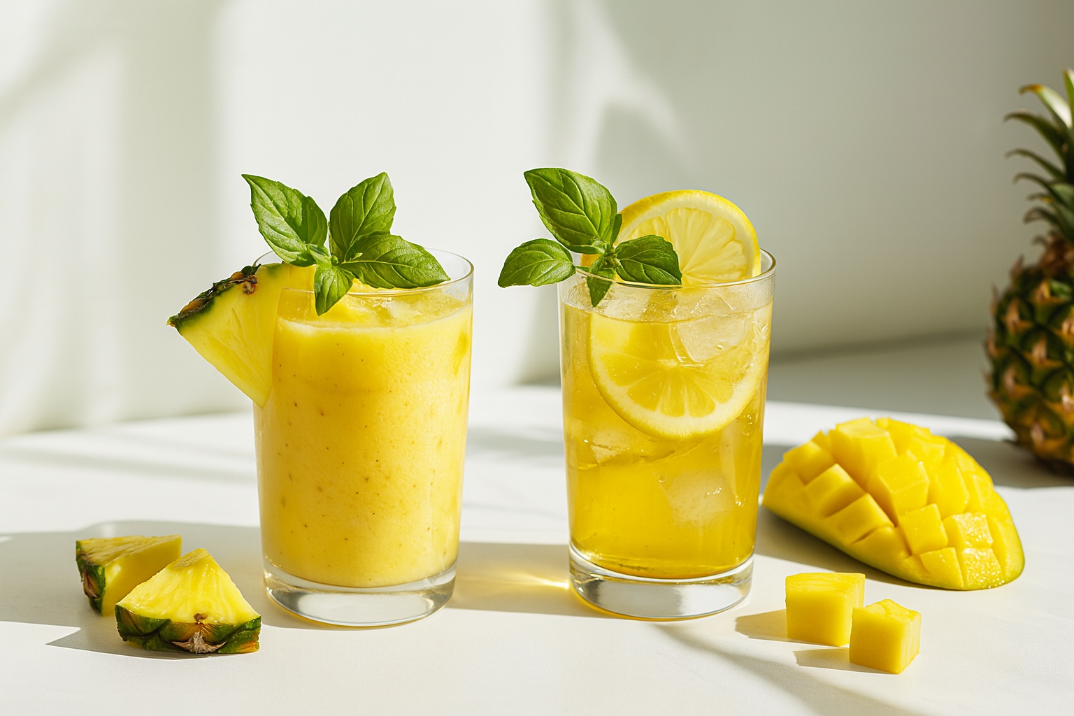 Two pineapple-based tropical beverages served in clear glasses, garnished with pineapple wedges and mint, sitting on a sunlit white surface with a bright, summery aesthetic.