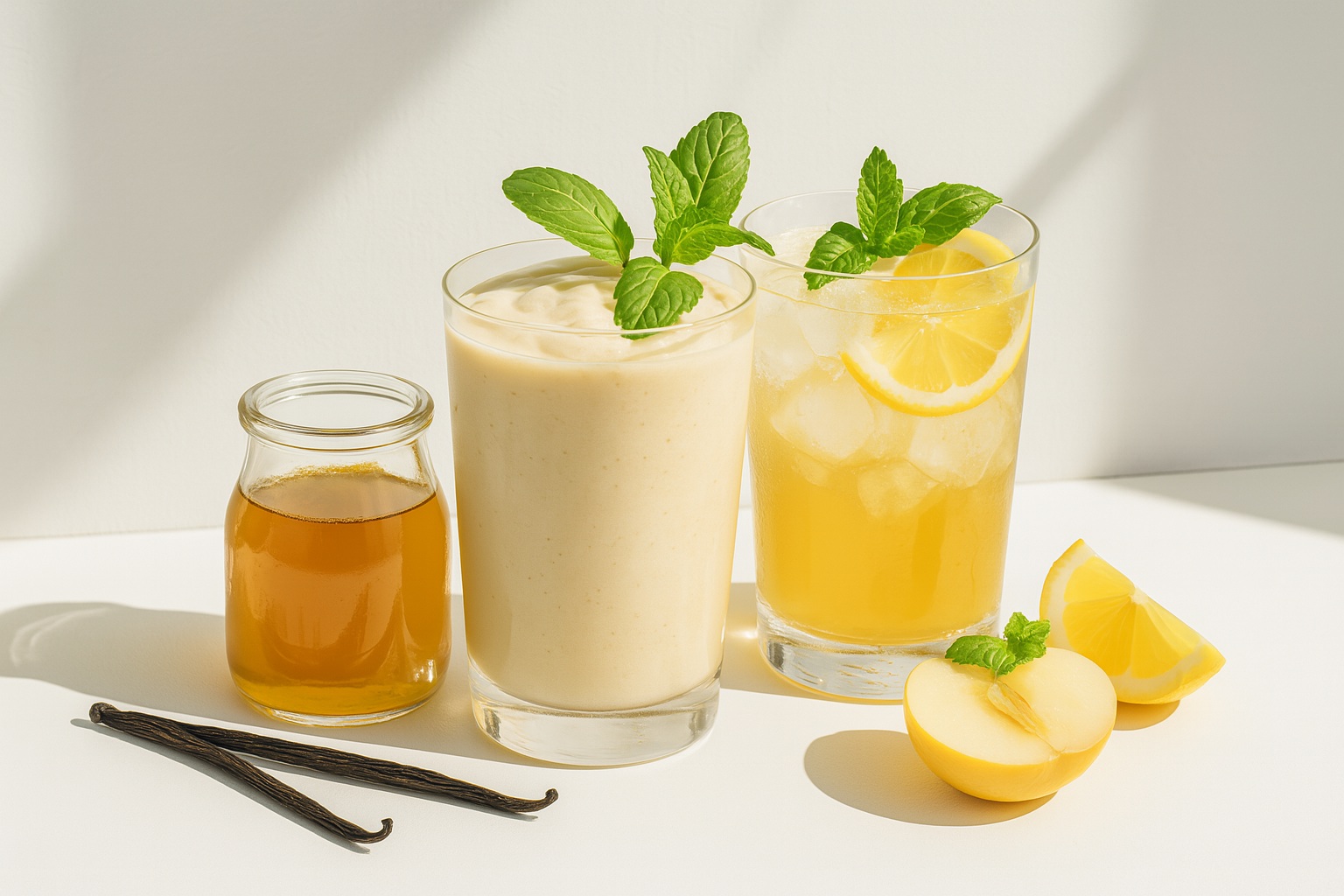 Two vanilla syrup-based beverages in clear glasses garnished with whipped cream and vanilla beans, placed on a white surface with soft natural lighting.