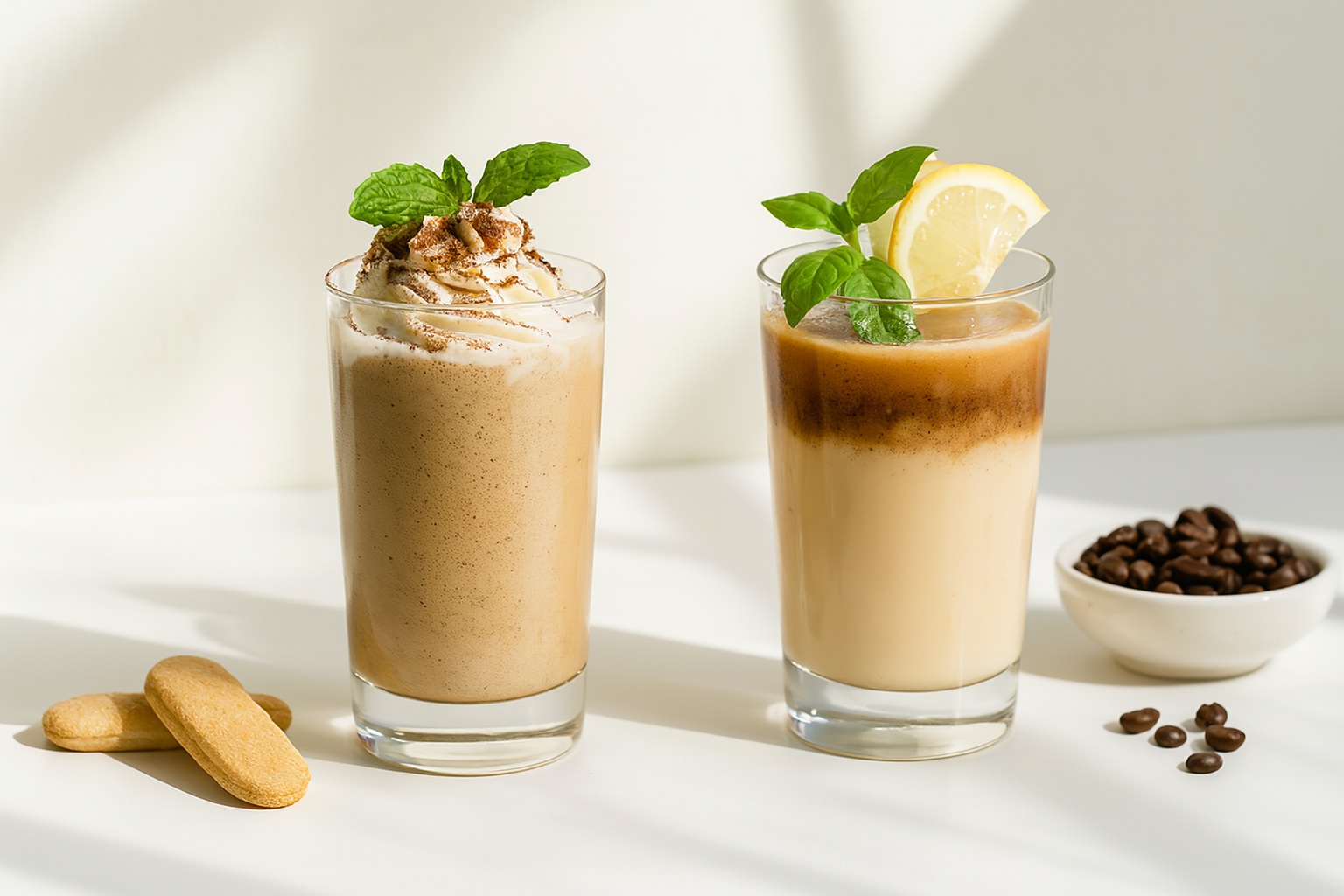 A high-resolution digital photograph displays two iced tiramisu-flavored drinks in clear glasses, topped with whipped cream and dusted cocoa powder, placed on a white surface in natural light.