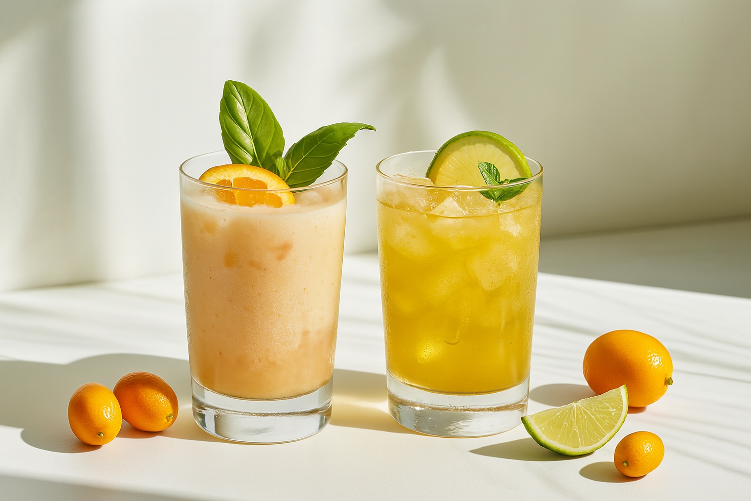 A high-resolution digital photograph displays two kumquat-based drinks in clear glasses, garnished with citrus slices and mint leaves. The beverages sit on a white surface in bright, natural sunlight, evoking a fresh and summery feel.