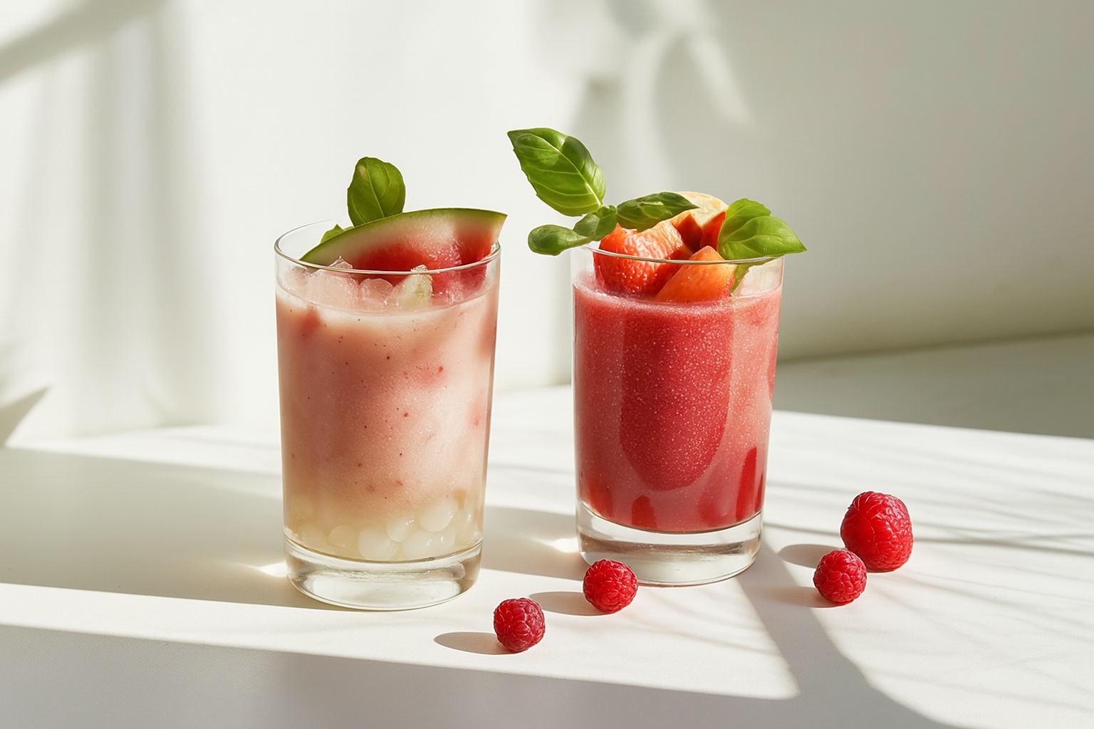 A high-resolution digital photograph features two tall, fruit-based beverages made with original crystal boba. The drinks are displayed on a clean, sunlit surface, each garnished with fresh fruit and herbs, capturing a refreshing and modern aesthetic ideal for bubble tea or specialty drink menus.