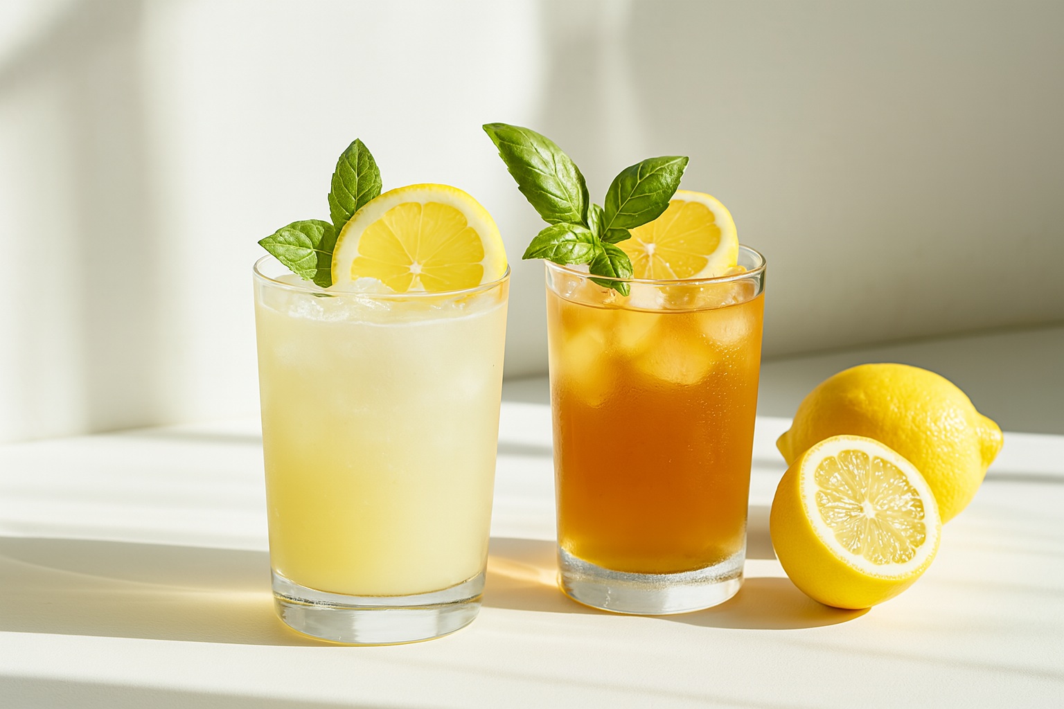 A high-resolution digital photograph features two lemon-flavored beverages in clear glasses, garnished with citrus slices and fresh mint, placed on a sunlit white surface.