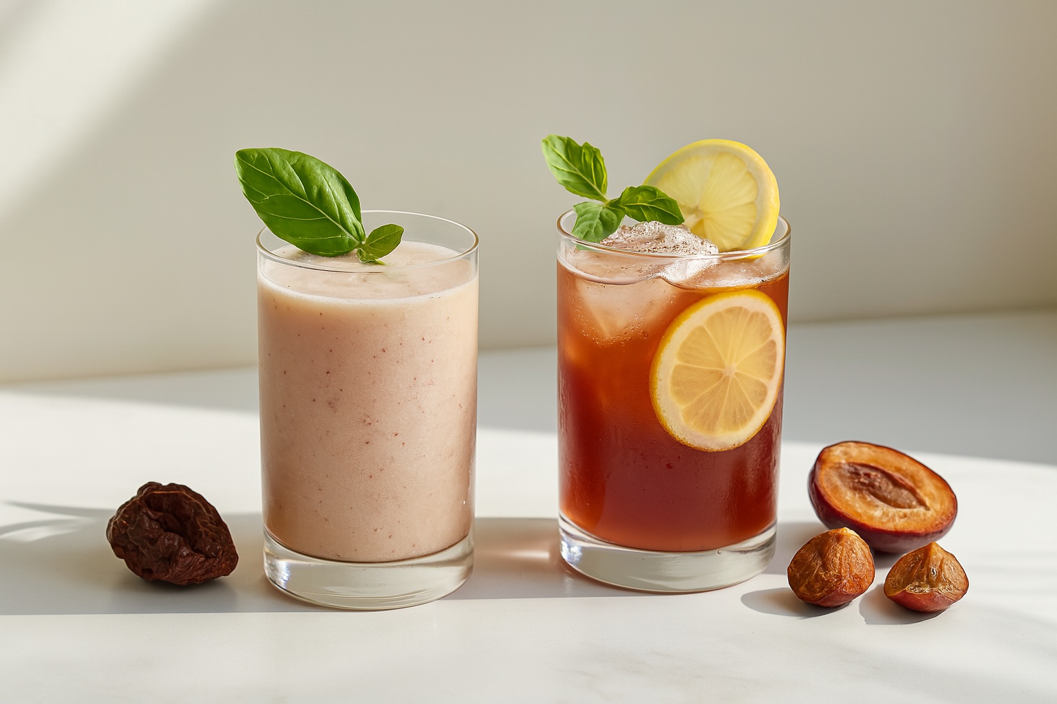 A high-resolution digital photograph showcases two plum-inspired drinks: a creamy smoothie with basil and a chilled iced tea with lemon and mint, surrounded by whole and halved plums on a sunlit white surface.