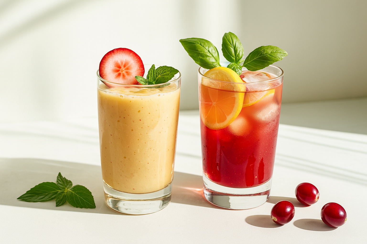 A high-resolution digital photograph showcases two cranberry-based beverages in clear glasses, garnished with mint and fresh cranberries, placed on a bright surface with natural light.