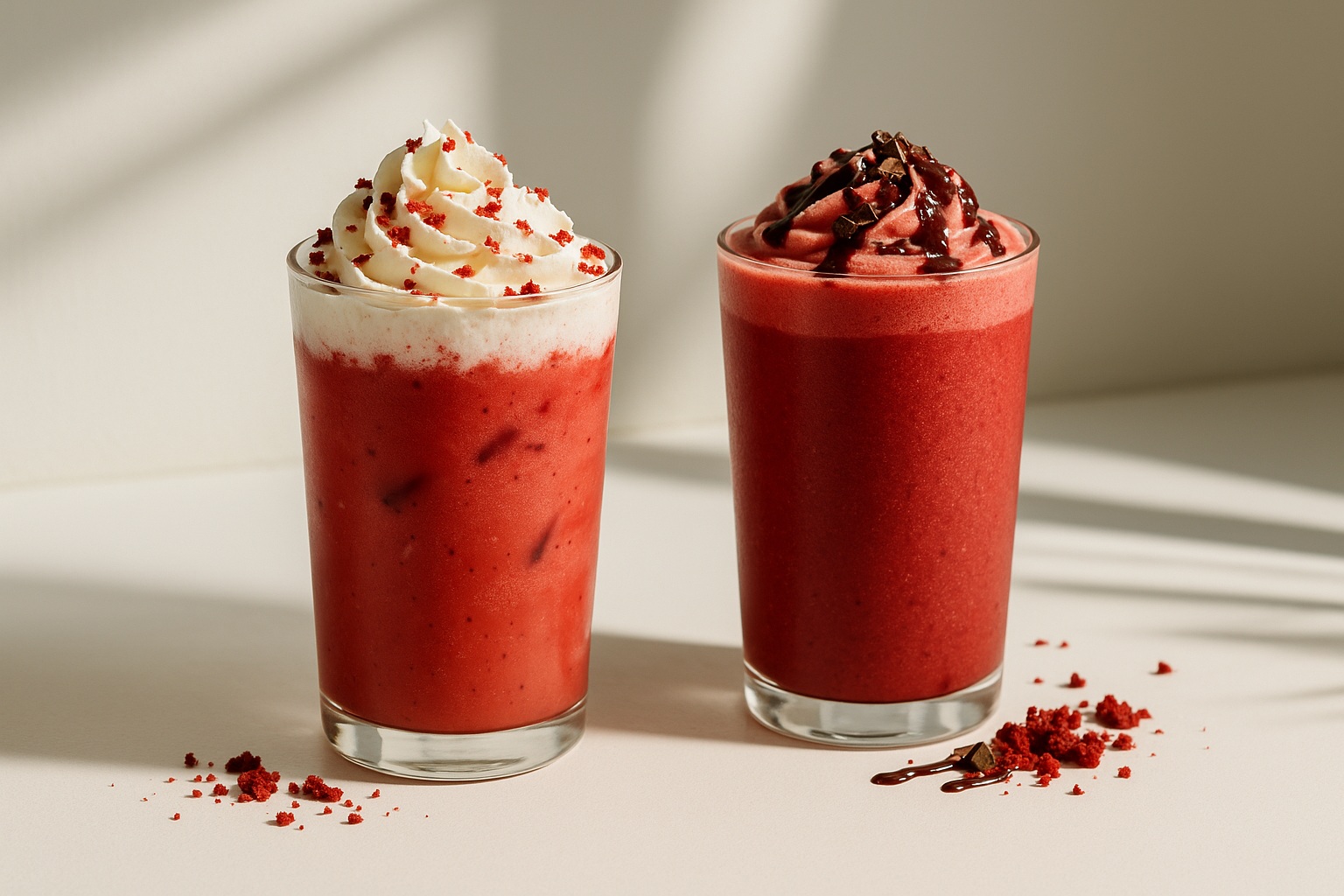 A high-resolution digital photograph showcases two red velvet beverages in clear glasses on a white surface. One is a creamy iced drink with red velvet crumbs on top, and the other is a blended smoothie garnished with whipped cream and chocolate flakes, styled with a soft natural light.