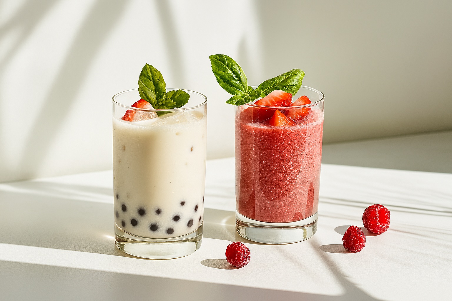 Two bubble tea drinks in clear glasses—one creamy milk tea with tapioca pearls, one strawberry smoothie—garnished with basil and fruit, inspired by non-dairy creamer use.