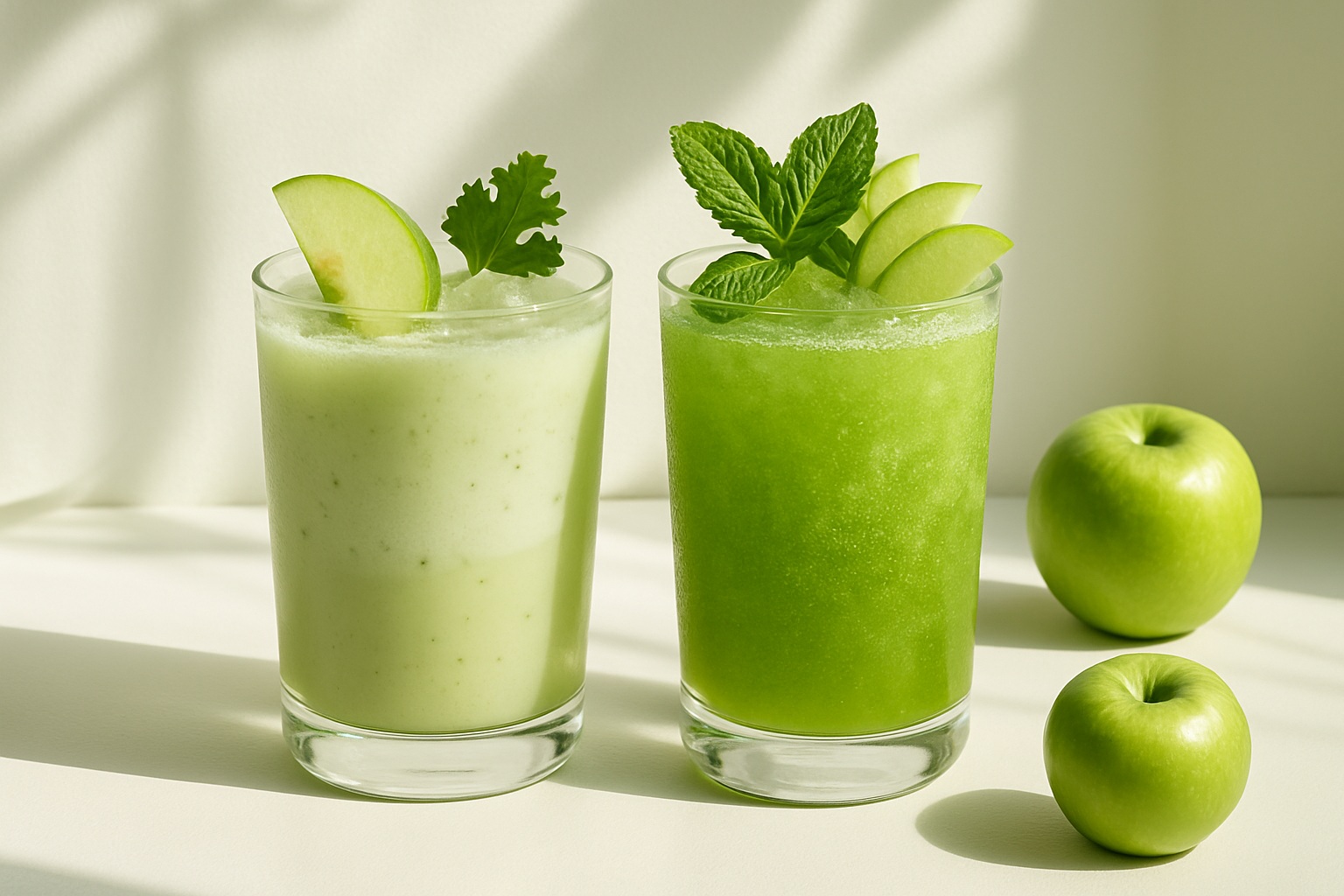 A high-resolution photograph displays two green apple-flavored drinks in clear glasses with fruit garnishes, set against a softly lit background.
