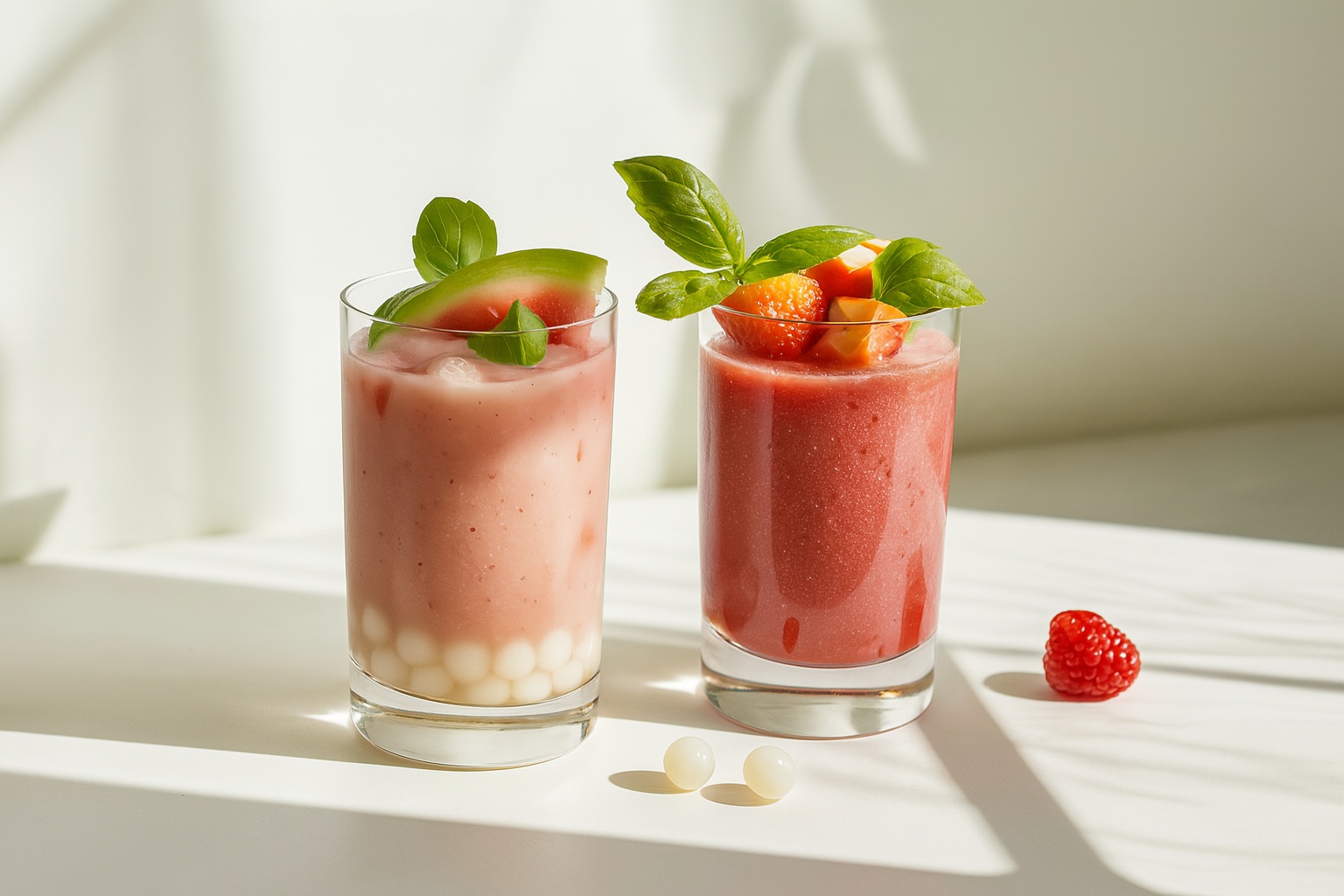 Two yogurt-based fruit smoothies with white yogurt popping boba in clear glasses, garnished with basil and fruit, on a sunlit white surface.