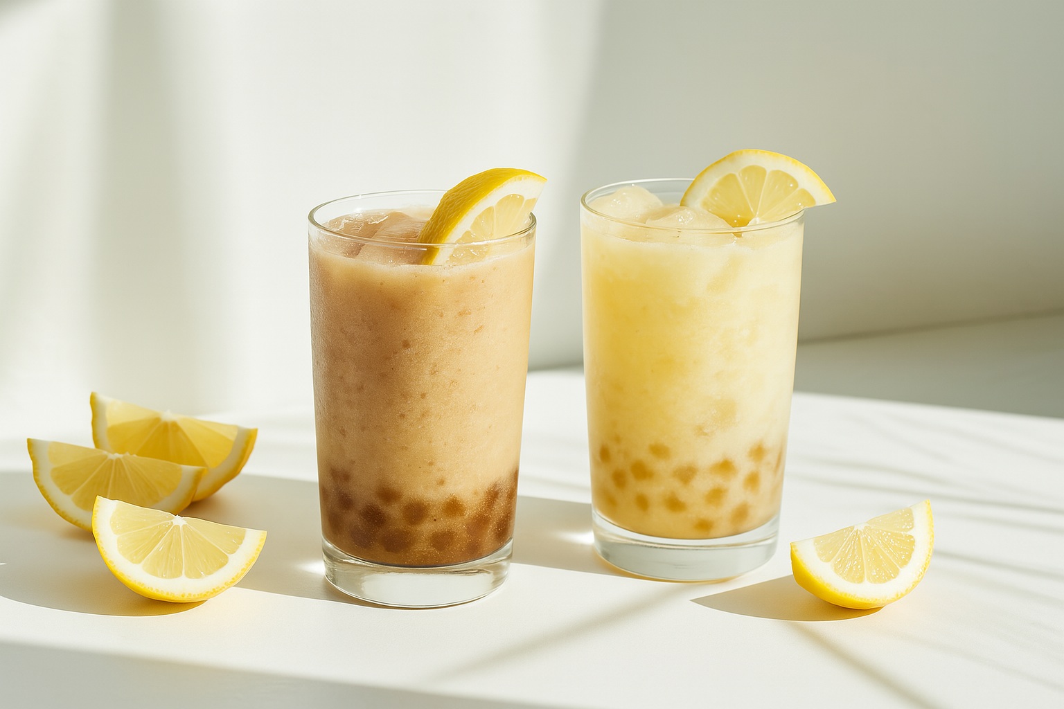 A high-resolution photograph features two beverages with brown sugar crystal boba and lemon wedges, served in clear glasses under natural sunlight.