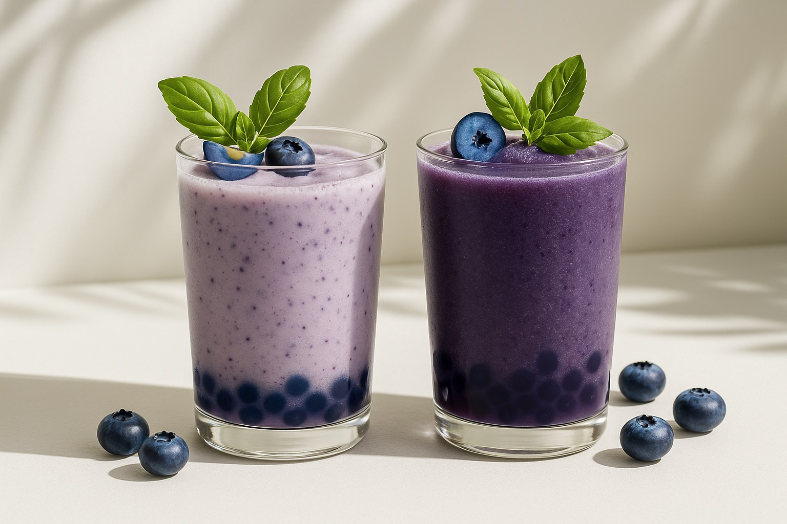 A high-resolution photograph features two blueberry drinks with popping boba, garnished with basil leaves and blueberries, set against a soft sunlit background.