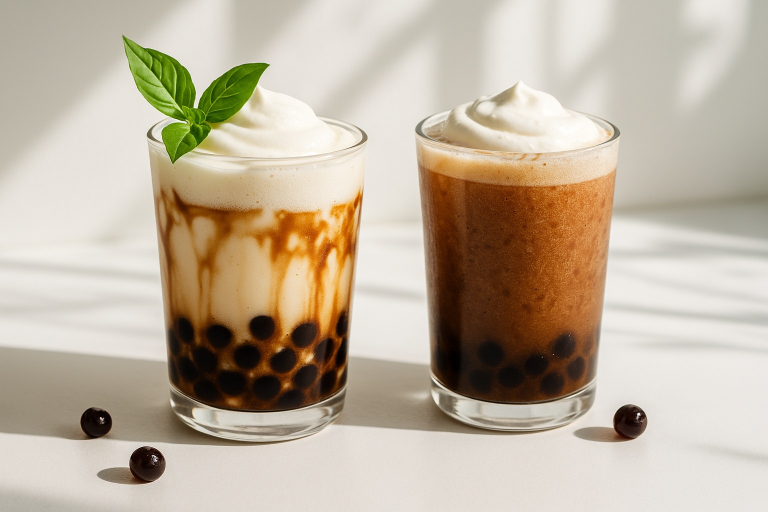 A high-resolution photograph features two brown sugar-based drinks placed on a sunlit surface, garnished with tapioca pearls and fresh cream