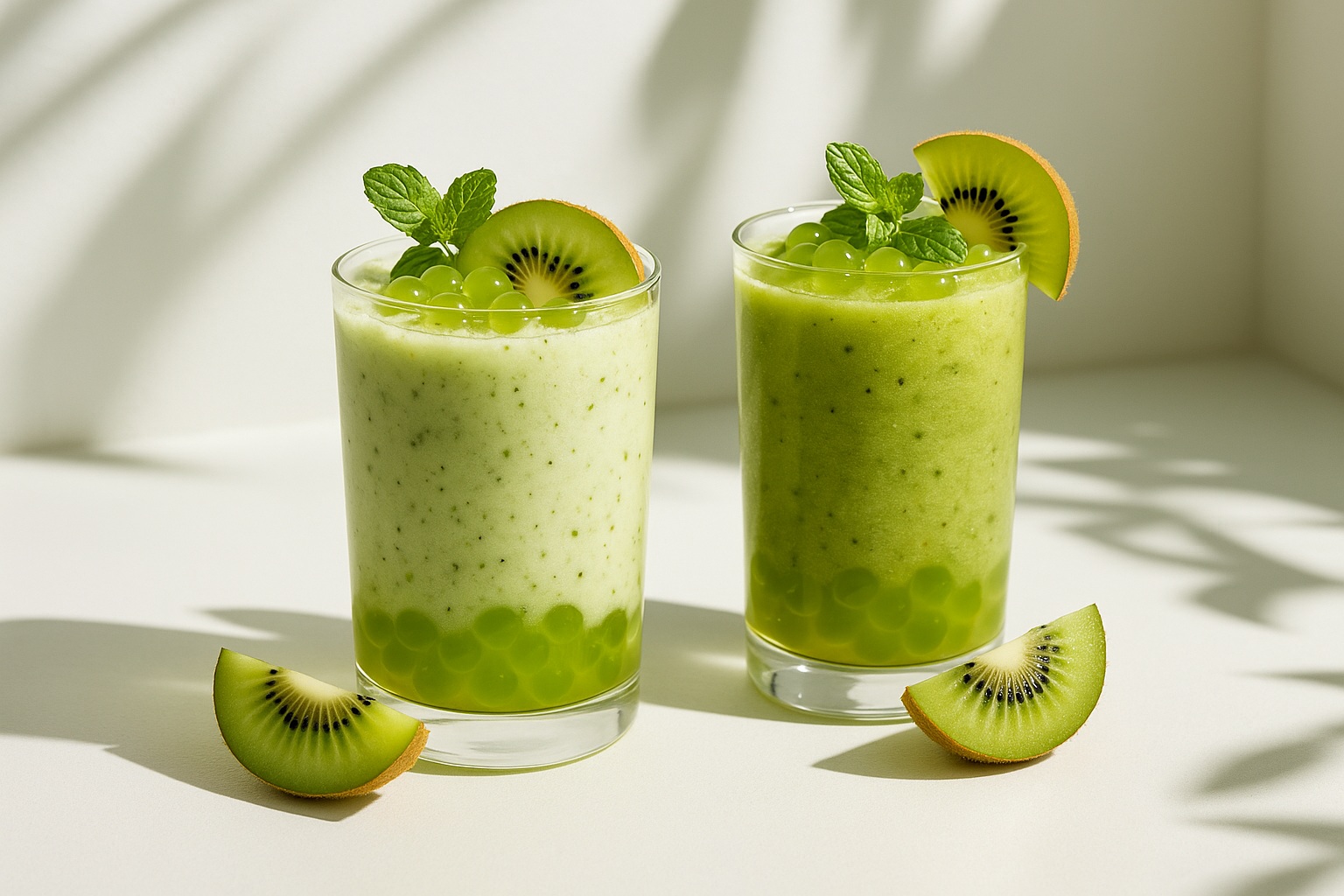 A high-resolution photograph features two kiwi-flavored bubble tea drinks with kiwi popping boba, fresh kiwi slices, and mint leaves as garnish, set against a bright sunlit background with soft shadows.