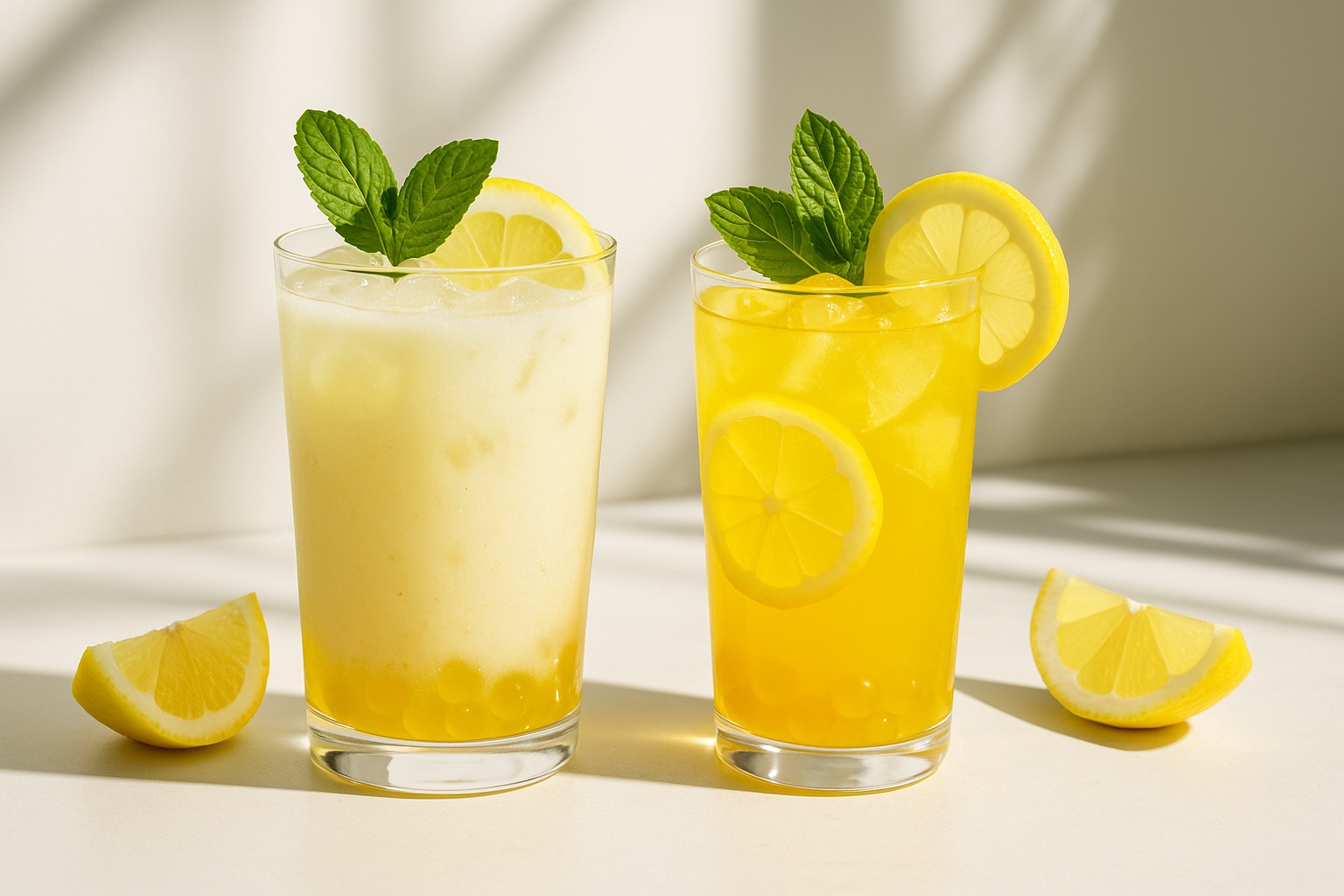 Two refreshing lemon-inspired drinks with popping boba served in clear glasses, styled with citrus garnishes on a bright surface