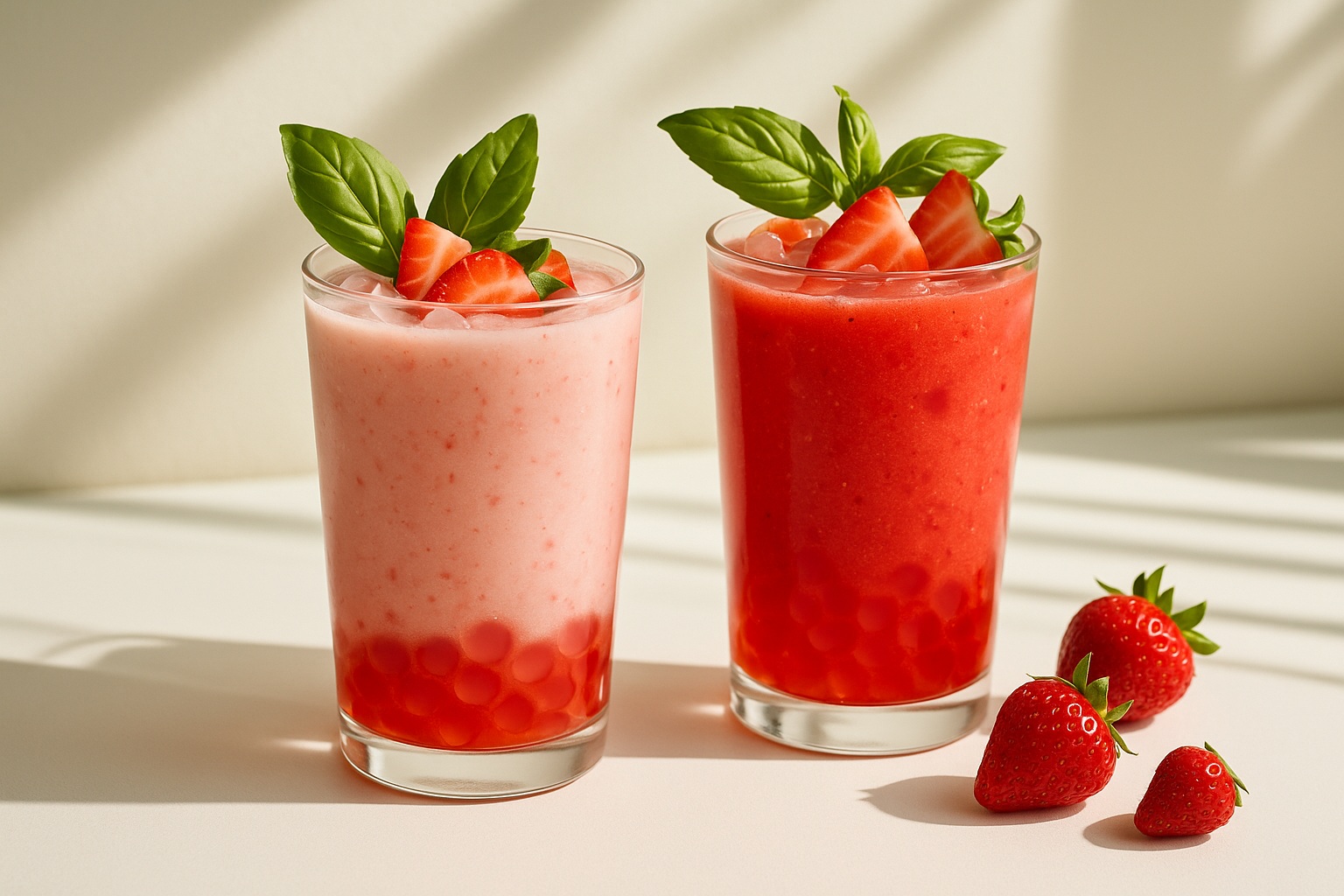 Two strawberry crystal boba smoothies in clear glasses, garnished with fresh strawberries and basil, placed on a sunlit surface.