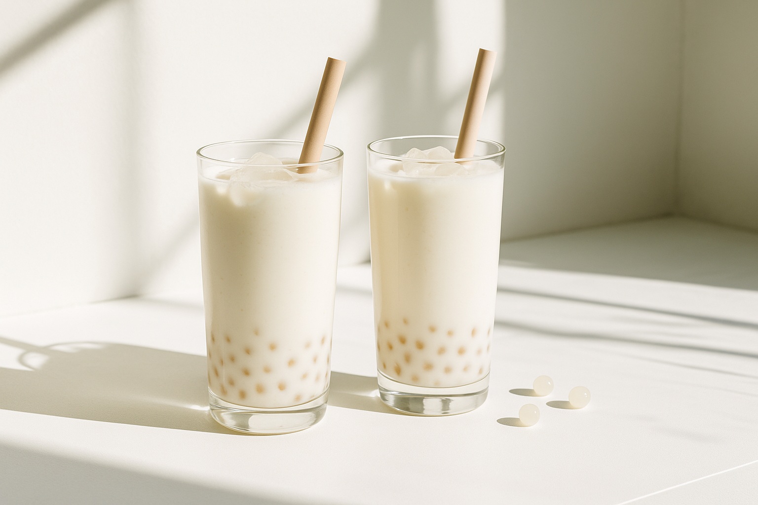 A high-resolution photograph features two tall, cylindrical drinks with white tapioca boba, one with a creamy milk tea base and the other with a golden fruit tea base, garnished with citrus and mint.