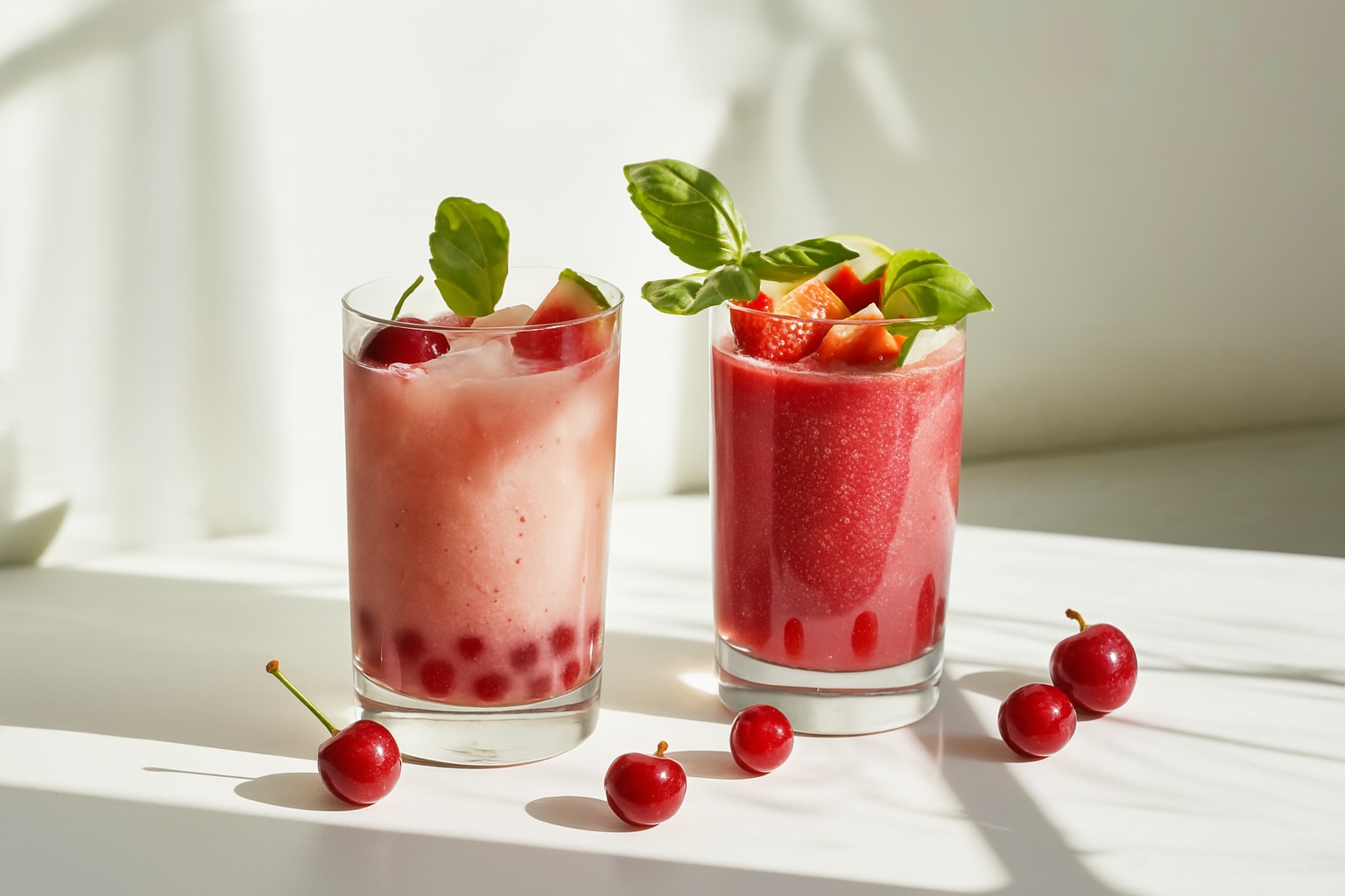 A high-resolution photograph showcases two cherry crystal boba drinks in clear glasses with cherry and basil garnishes, set on a white surface in natural light.