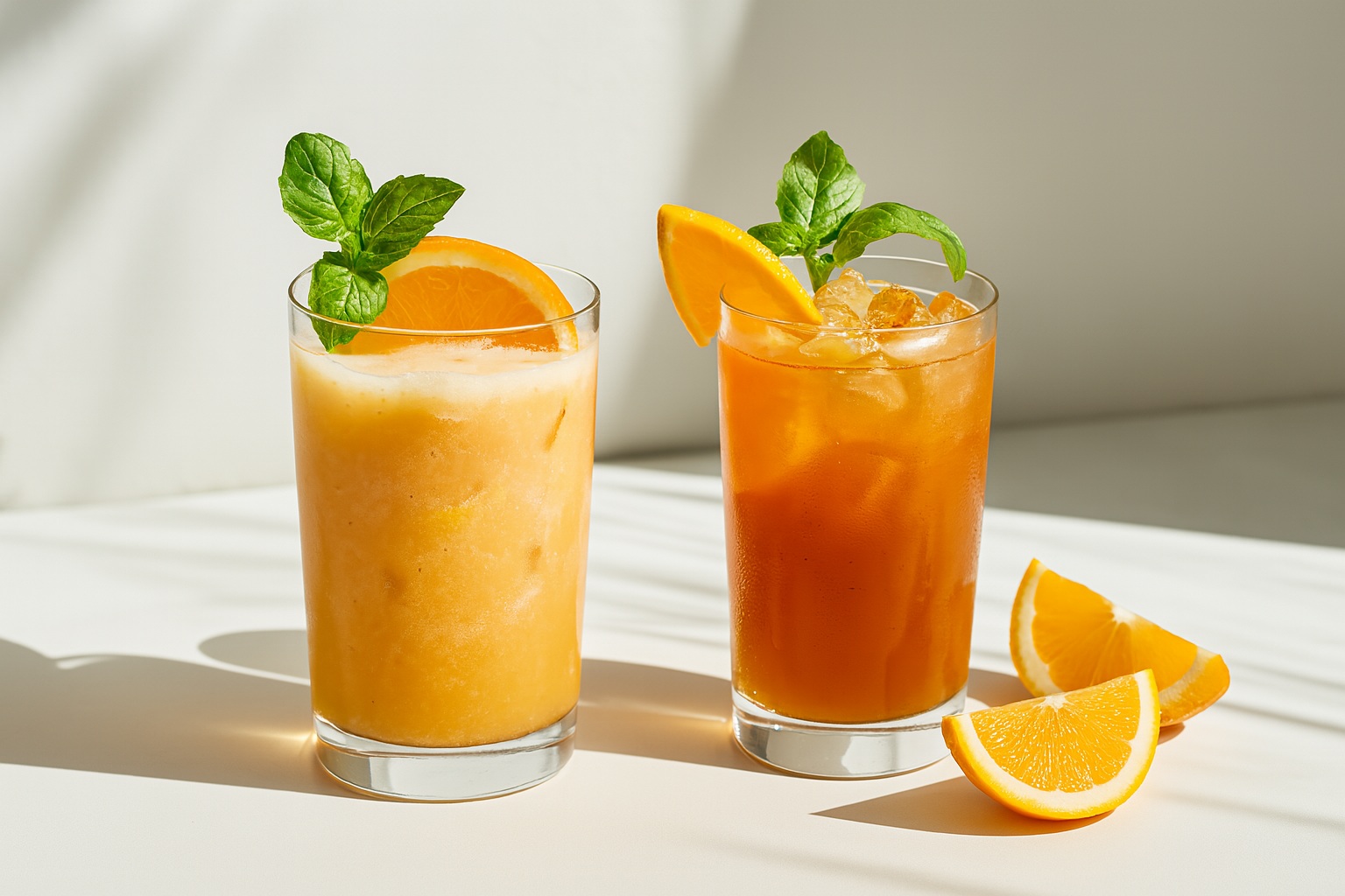 A high-resolution photograph showcases two citrus-based orange syrup beverages garnished with fresh orange slices and mint leaves, set against a sunlit background.