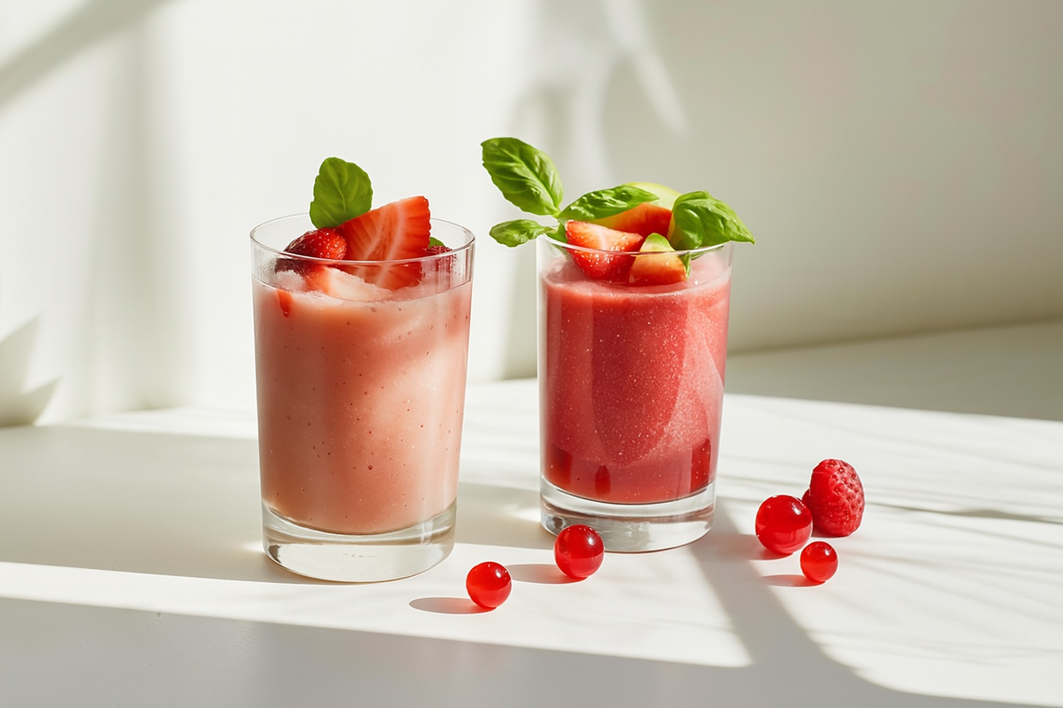 Two glasses of cherry-based smoothies with cherry popping boba, garnished with strawberries and basil leaves, sitting on a sunlit white surface.