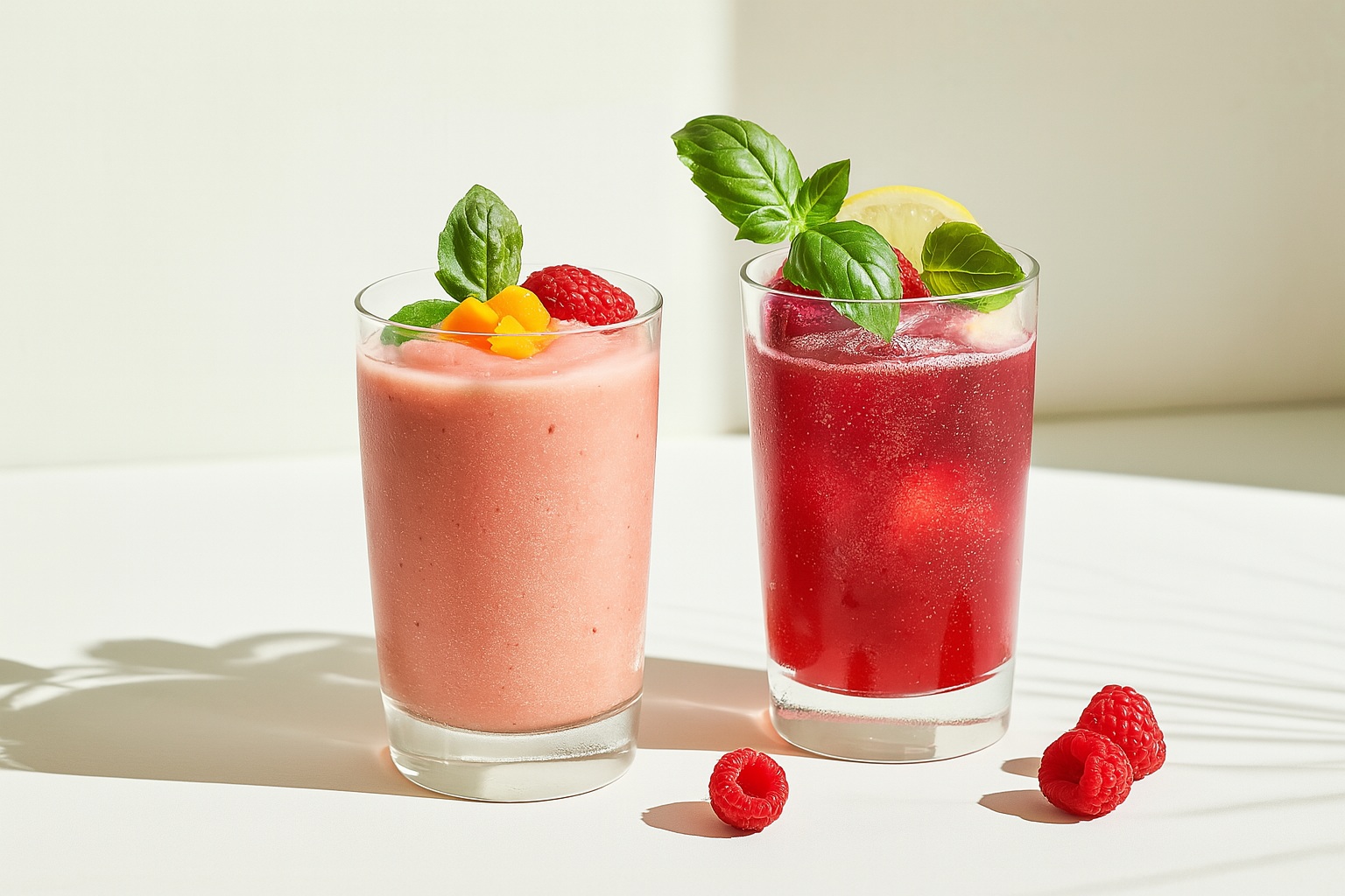 Two refreshing raspberry syrup-based beverages served in clear glasses, garnished with fresh raspberries and herbs, presented on a sunlit surface.