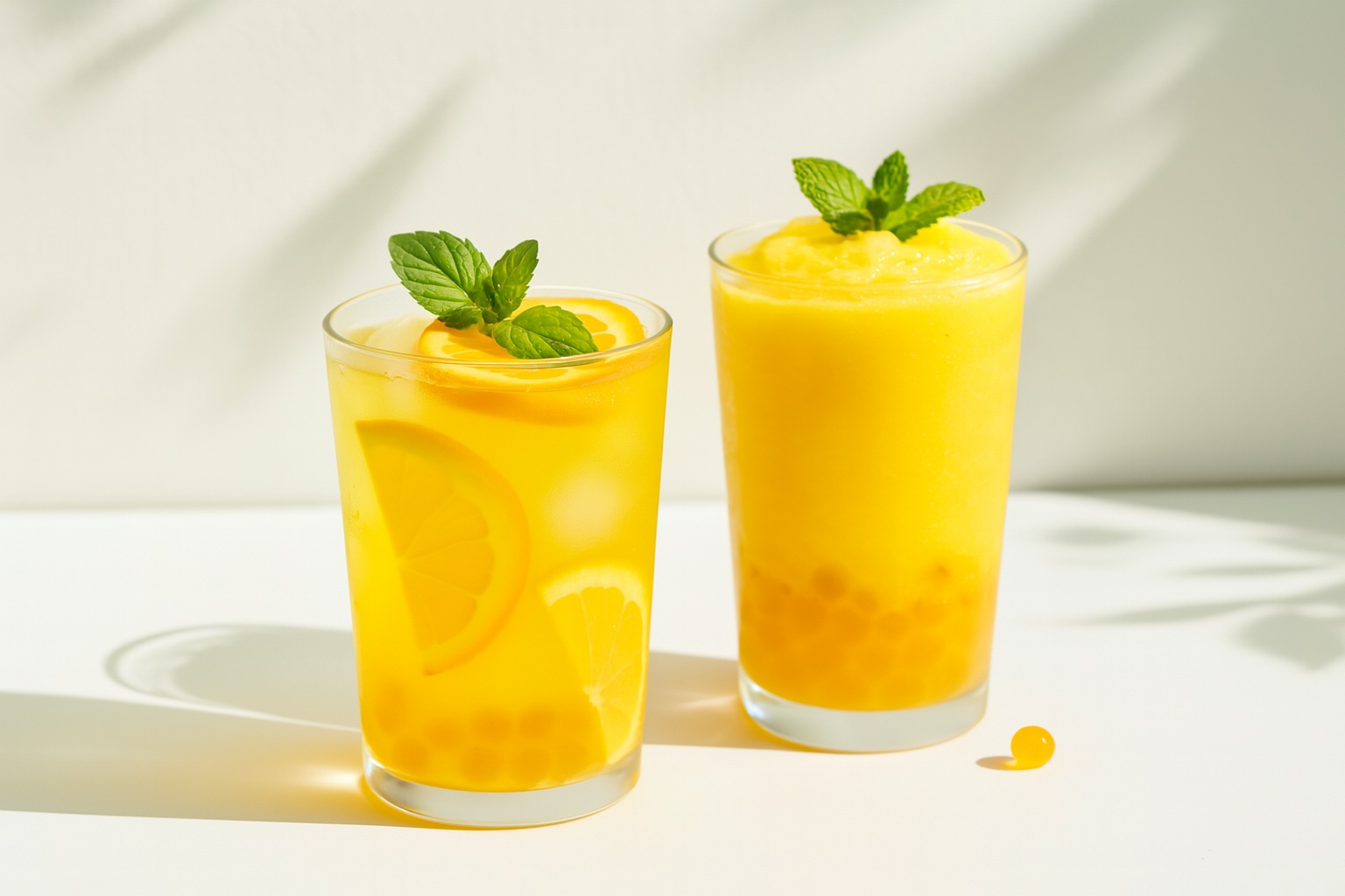A high-resolution photograph showcases two tropical beverages with passion fruit popping boba, served in clear glasses and garnished with citrus and mint on a sunlit white surface.