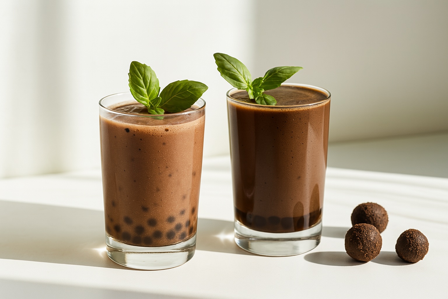 Two chocolate-flavored drinks with Chocolate Popping Boba in clear glasses, garnished with mint, placed on a sunlit white surface with chocolate truffles nearby.