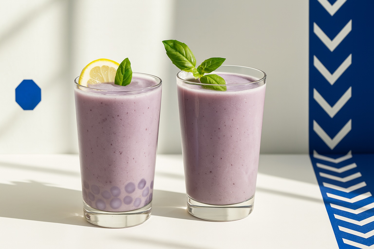 A photograph displays two creamy purple beverages in clear glasses on a sunlit white surface, one with taro crystal boba and lemon garnish, the other with a basil sprig, against a minimalist white and blue background.