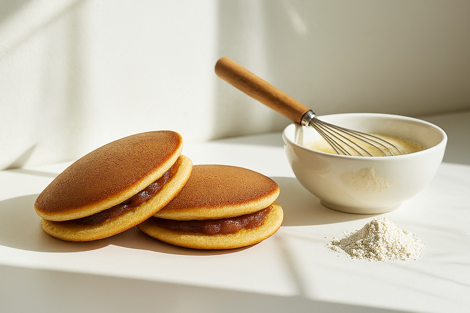 A photograph features two dorayaki, traditional Japanese pancakes filled with sweet red bean paste, beside a bowl of batter with a whisk and a small pile of powder on a white surface in natural light.