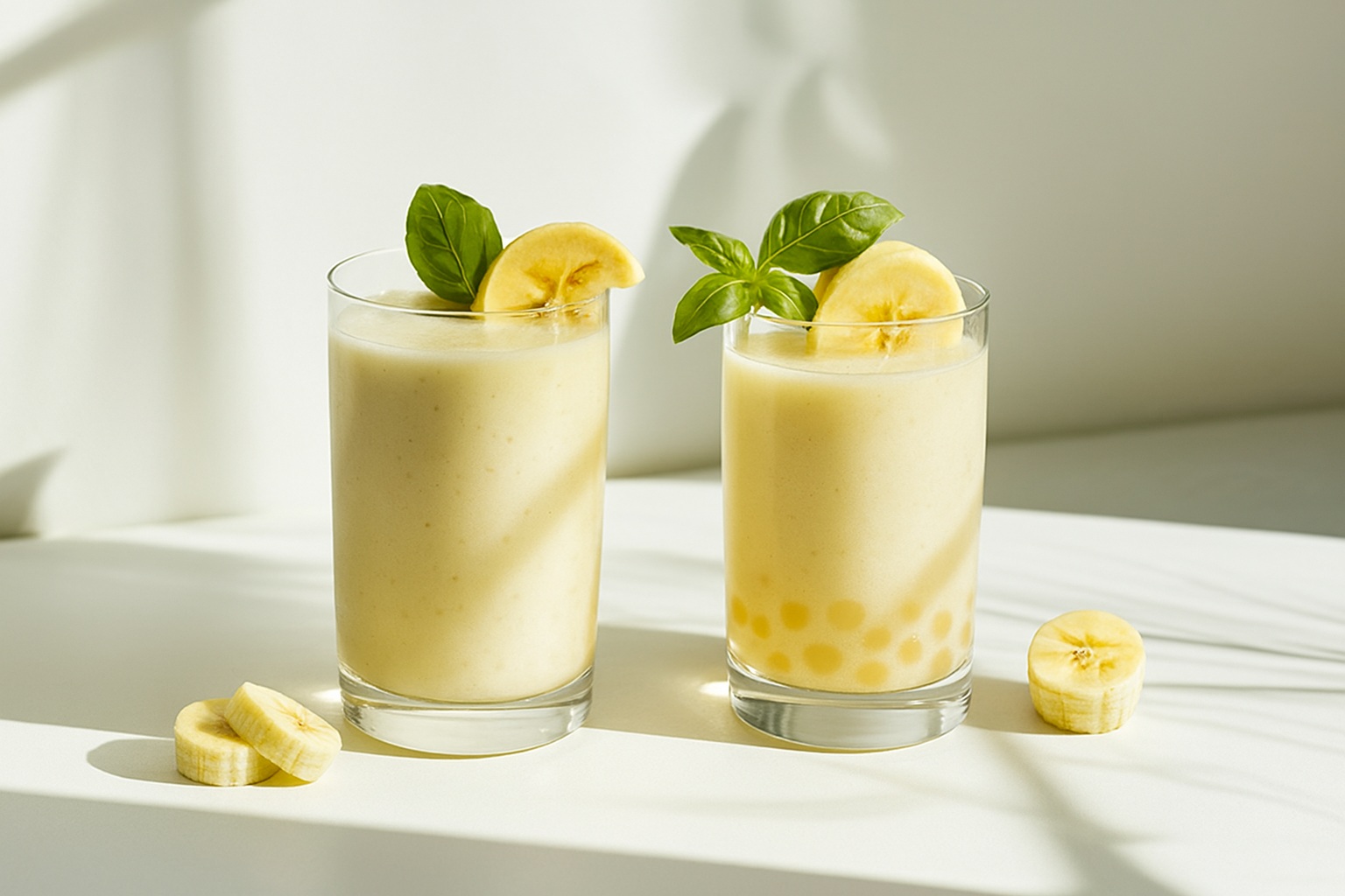 A photograph showcases two banana-based beverages in tall clear glasses, garnished with banana slices and mint, displayed in natural sunlight.