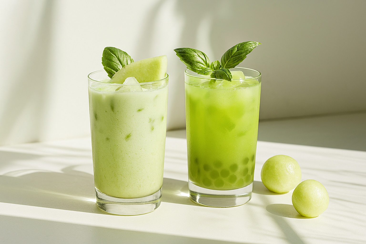 Una fotografía que muestra dos bebidas de melón verde en vasos transparentes, decoradas con frutas y hojas de menta, colocadas sobre una superficie blanca bajo luz natural.