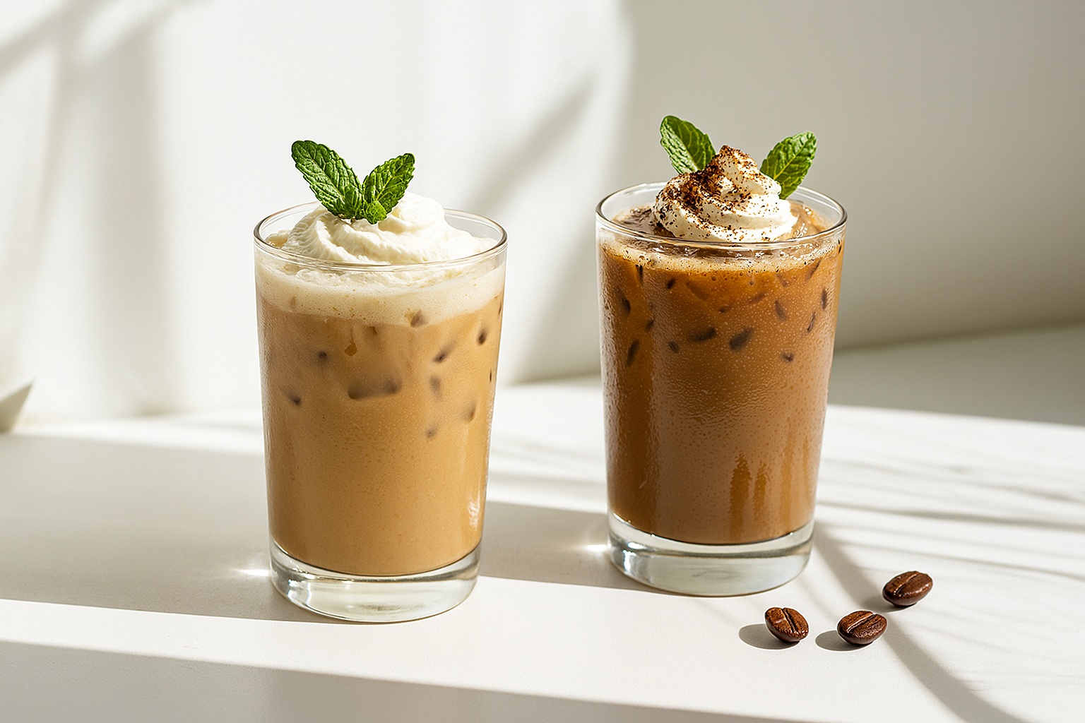 Two iced coffee drinks made with 3-in-1 coffee powder, served in clear glasses over ice, topped with whipped cream and mint leaves, presented on a bright white surface with coffee beans scattered around.