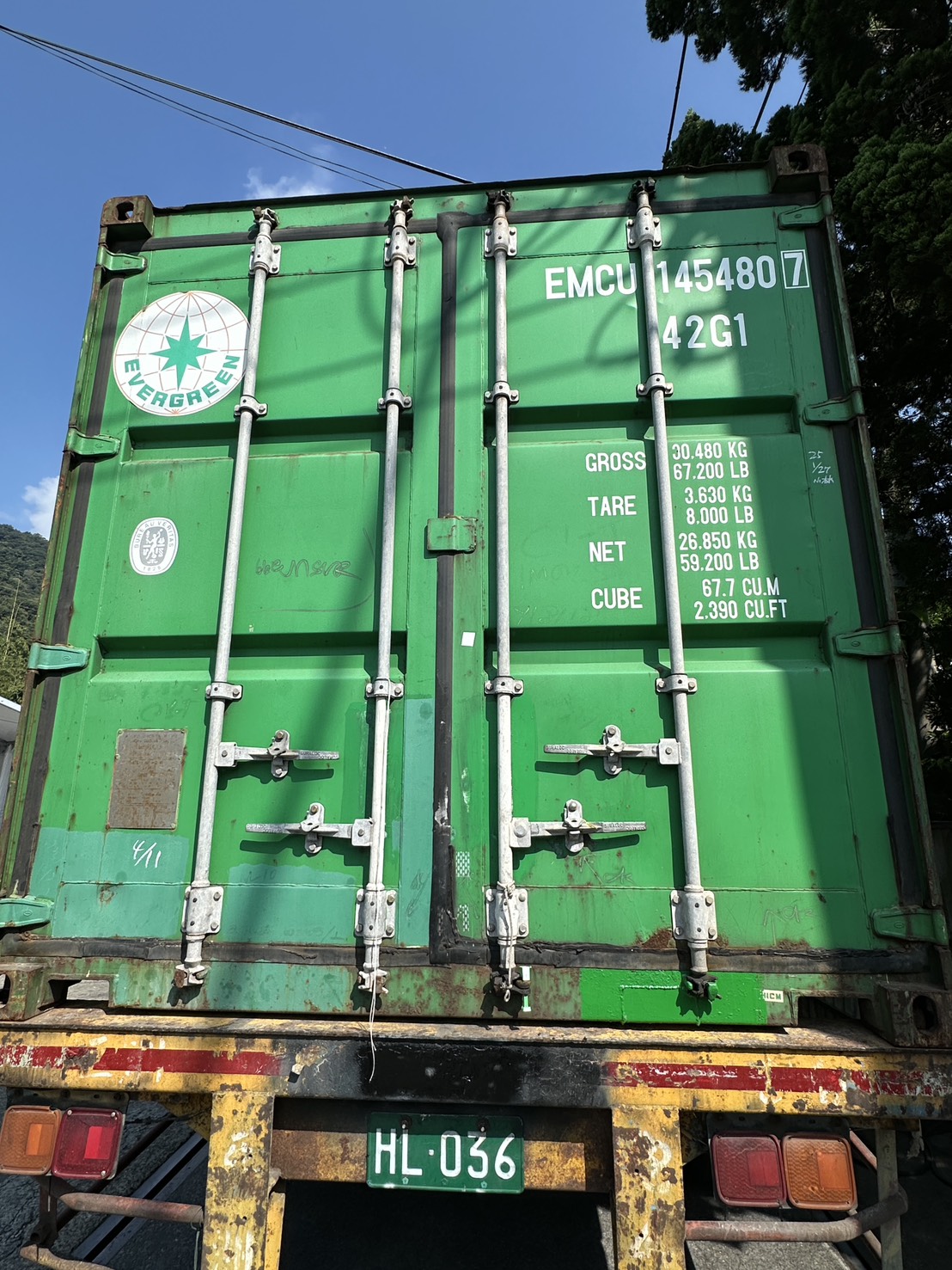 Evergreen shipping container sealed for export