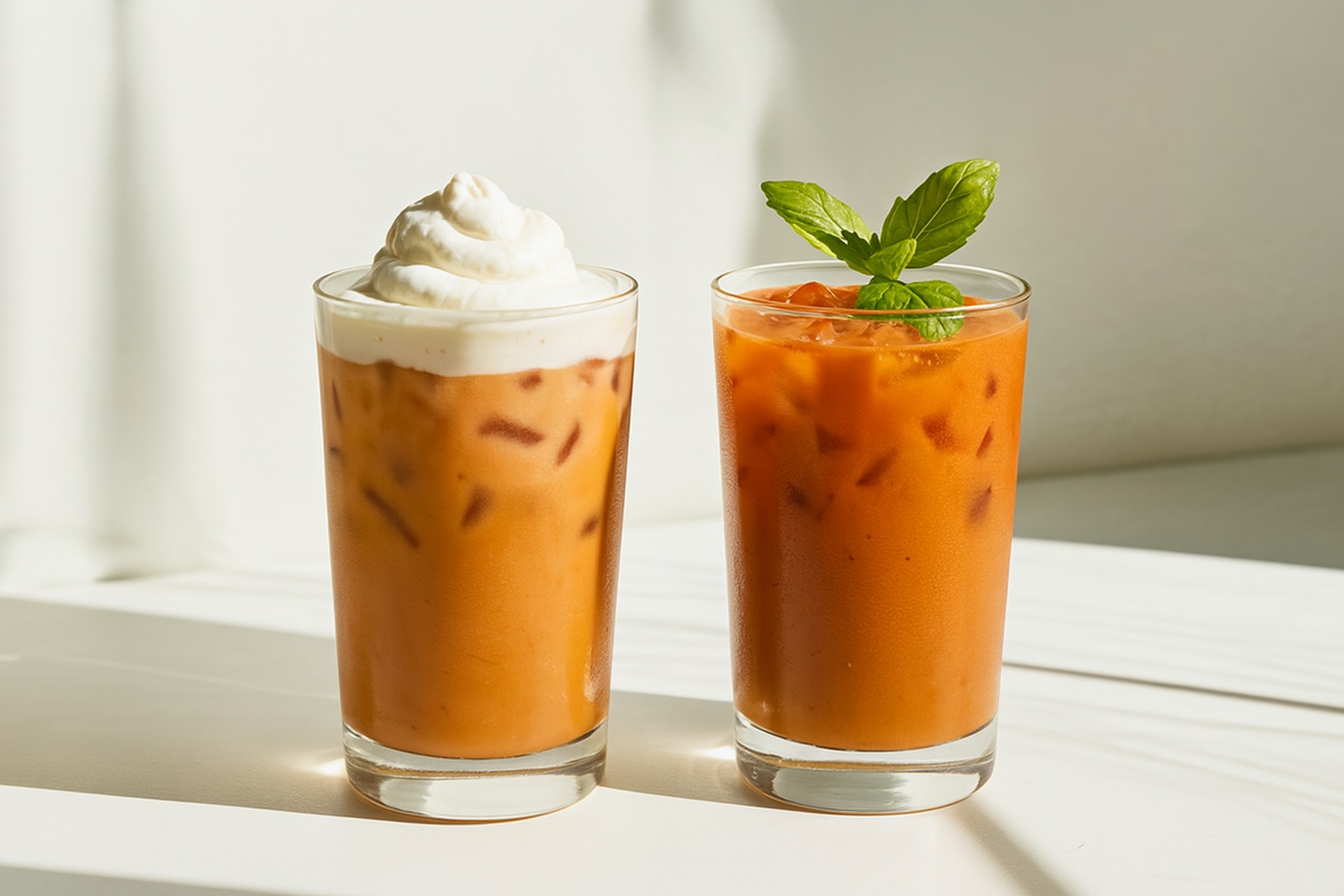A pair of iced Thai tea beverages served in tall glasses, featuring creamy textures and garnishes, captured in warm natural light