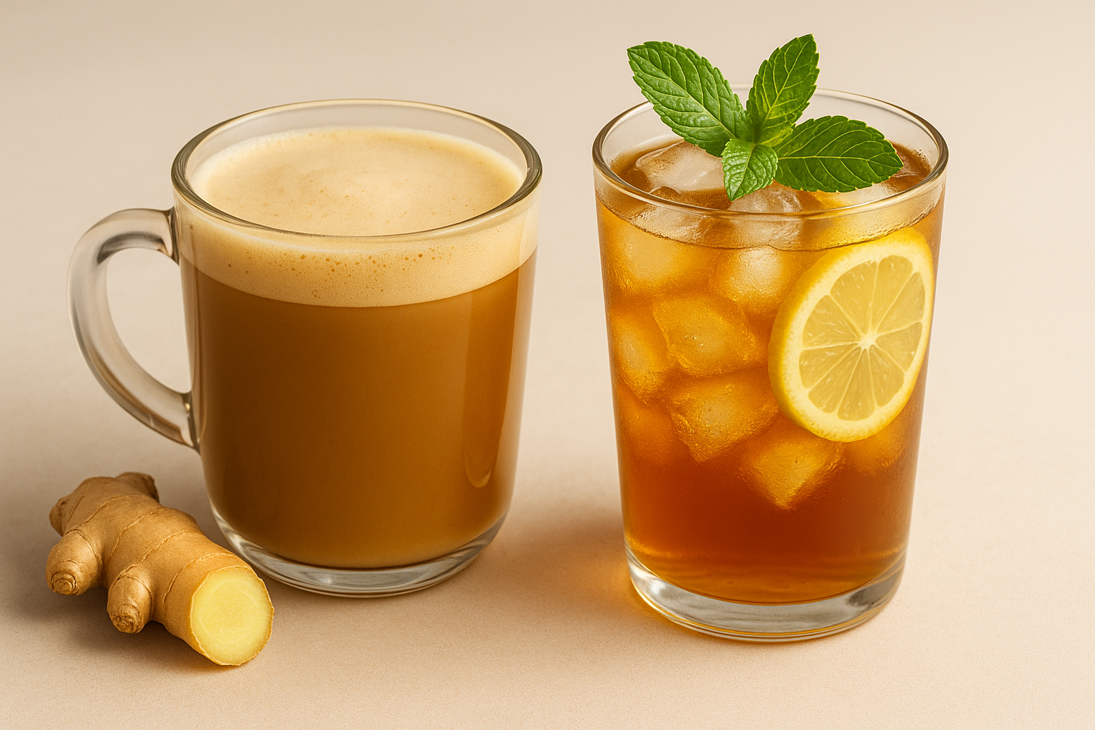 Two ginger-based drinks—one a warm spiced ginger latte with foam, the other an iced ginger lemon tea with mint and ice cubes—served in clear glasses on a neutral background
