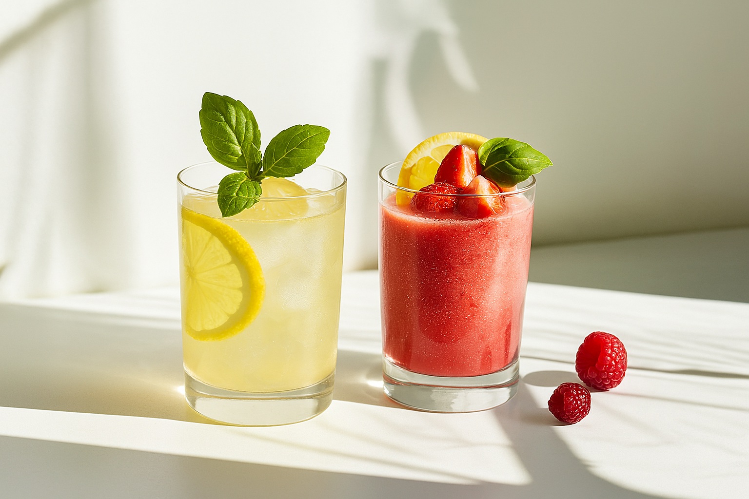 Dos bebidas refrescantes a base de frutas en una superficie blanca iluminada por el sol, una bebida estilo limonada amarilla con rodajas de limón y menta, y un granizado de frutas rojas con fresas y guarnición de limón.