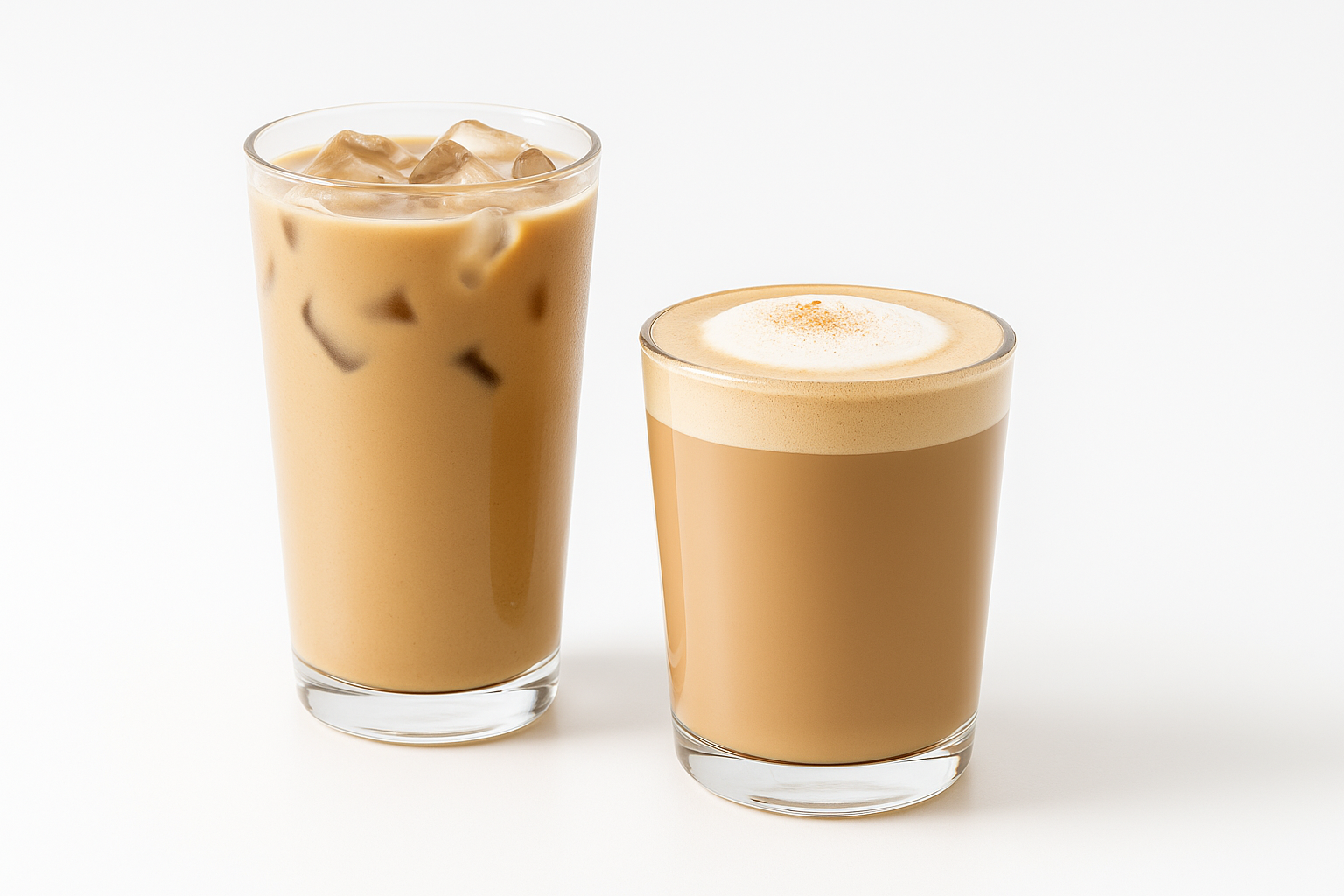 Two almond cocoa-based drinks—one a creamy almond cocoa latte topped with milk foam, the other an iced almond cocoa milk tea—served in clear glasses on a white background.