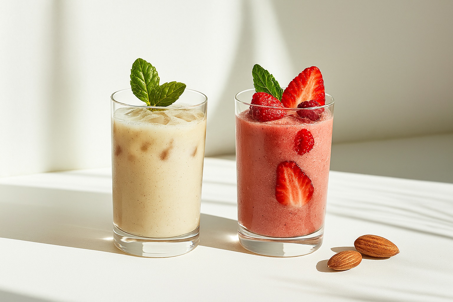 Two almond-based beverages made with Almond Powder – an iced almond milk drink with mint and a fruity almond smoothie with strawberries and raspberries.