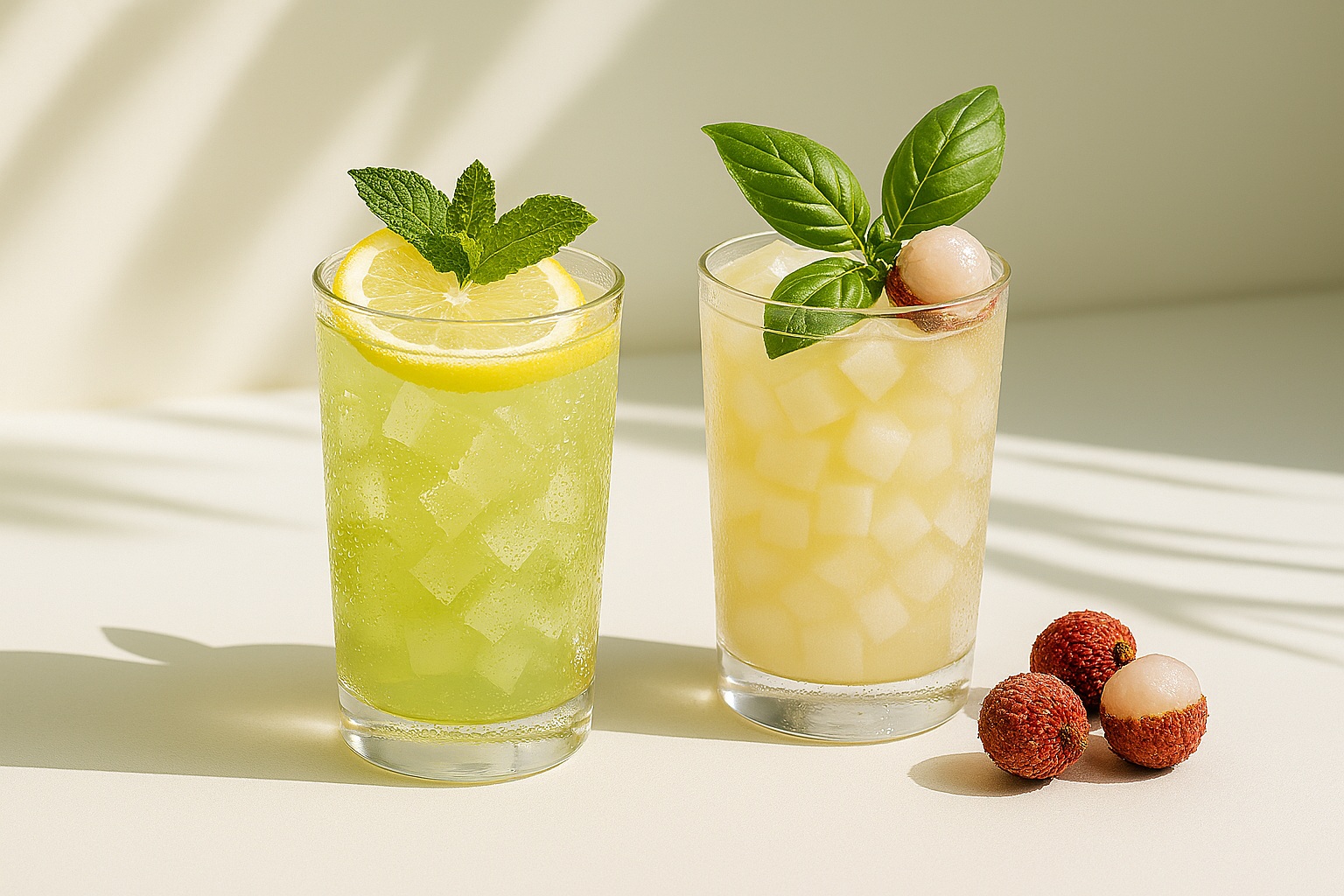 Two refreshing aloe vera beverages served in clear glasses, garnished with citrus slices and mint leaves, set against a bright, sunlit background.