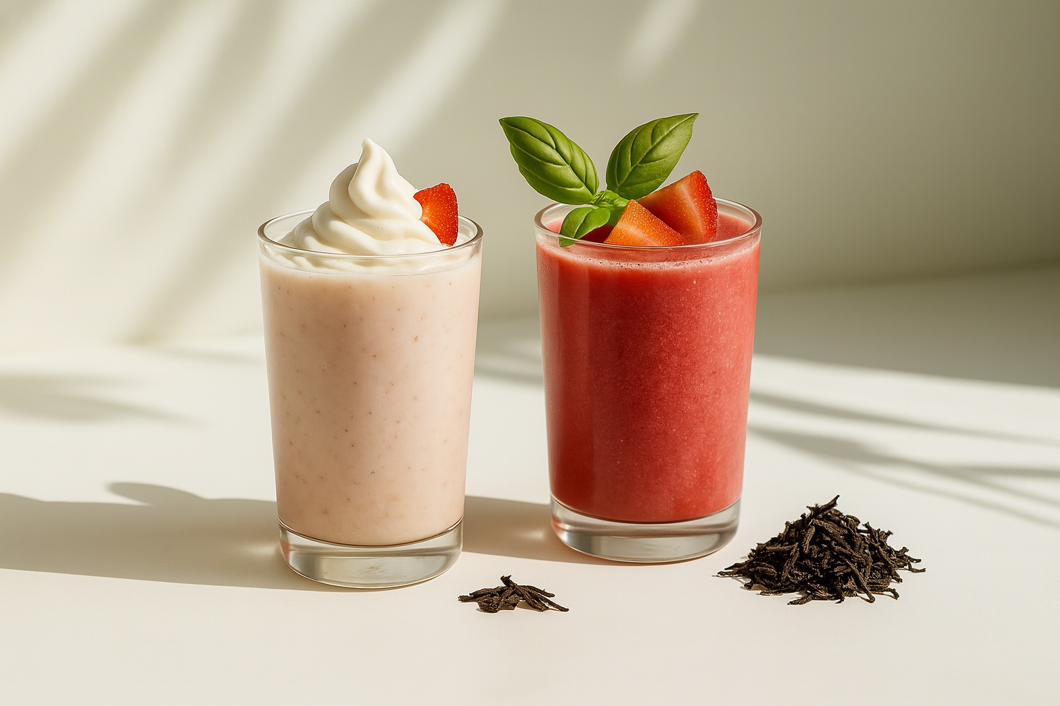 Two Assam black tea-based beverages in clear glasses, garnished with fresh fruit and herbs, displayed on a sunlit surface with soft shadows.
