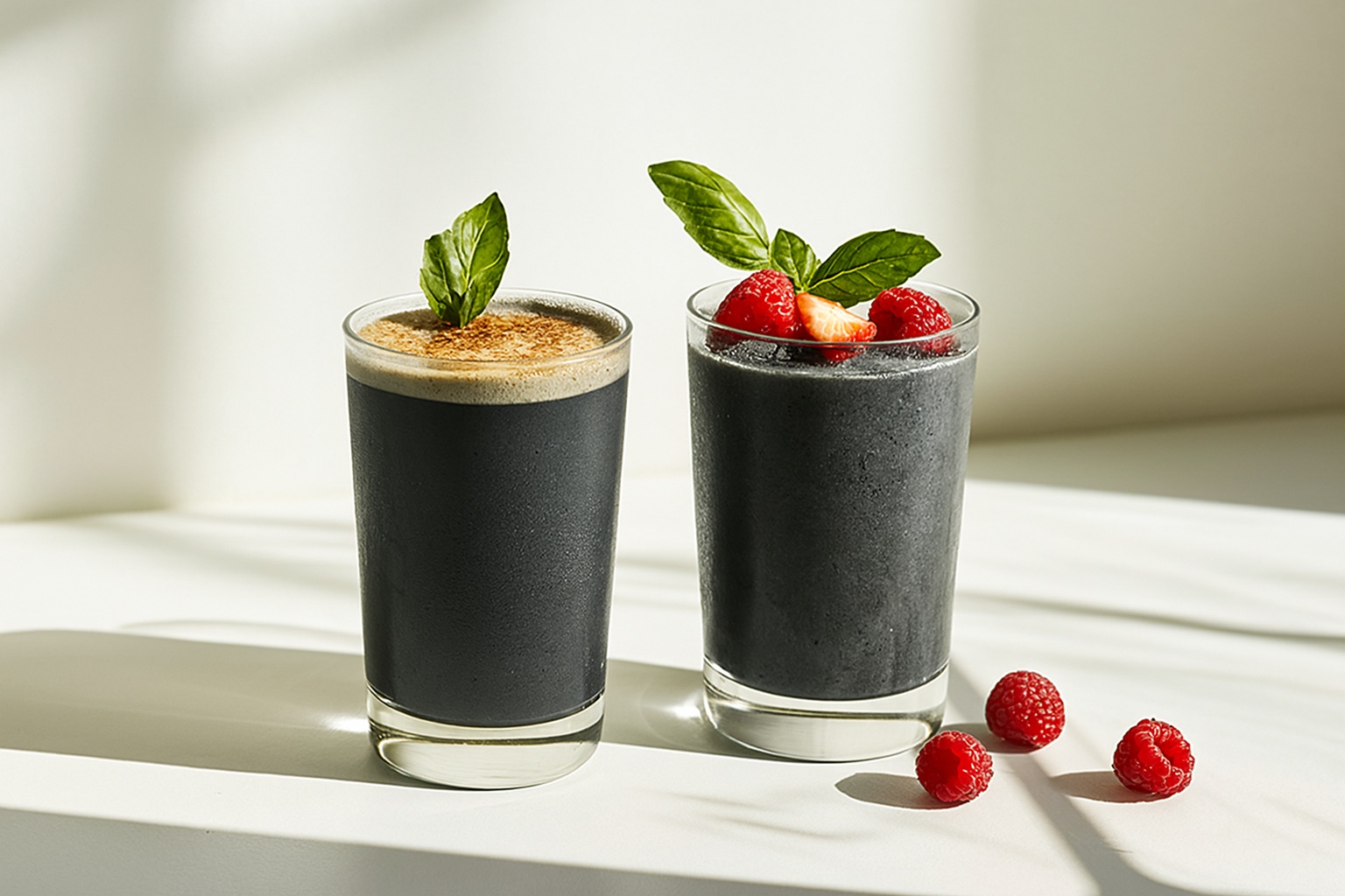 Two dark charcoal-infused beverages in clear glasses, styled with herbs and fruit, showcasing creative drinks made using bamboo charcoal powder.