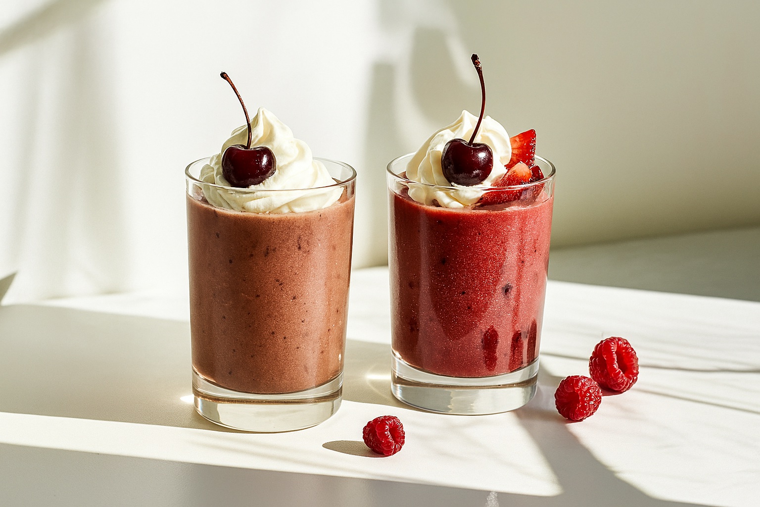 Two Black Forest-inspired beverages on a white surface, one chocolate smoothie and one cherry fruit blend, both topped with whipped cream and cherries, with fresh raspberries nearby.