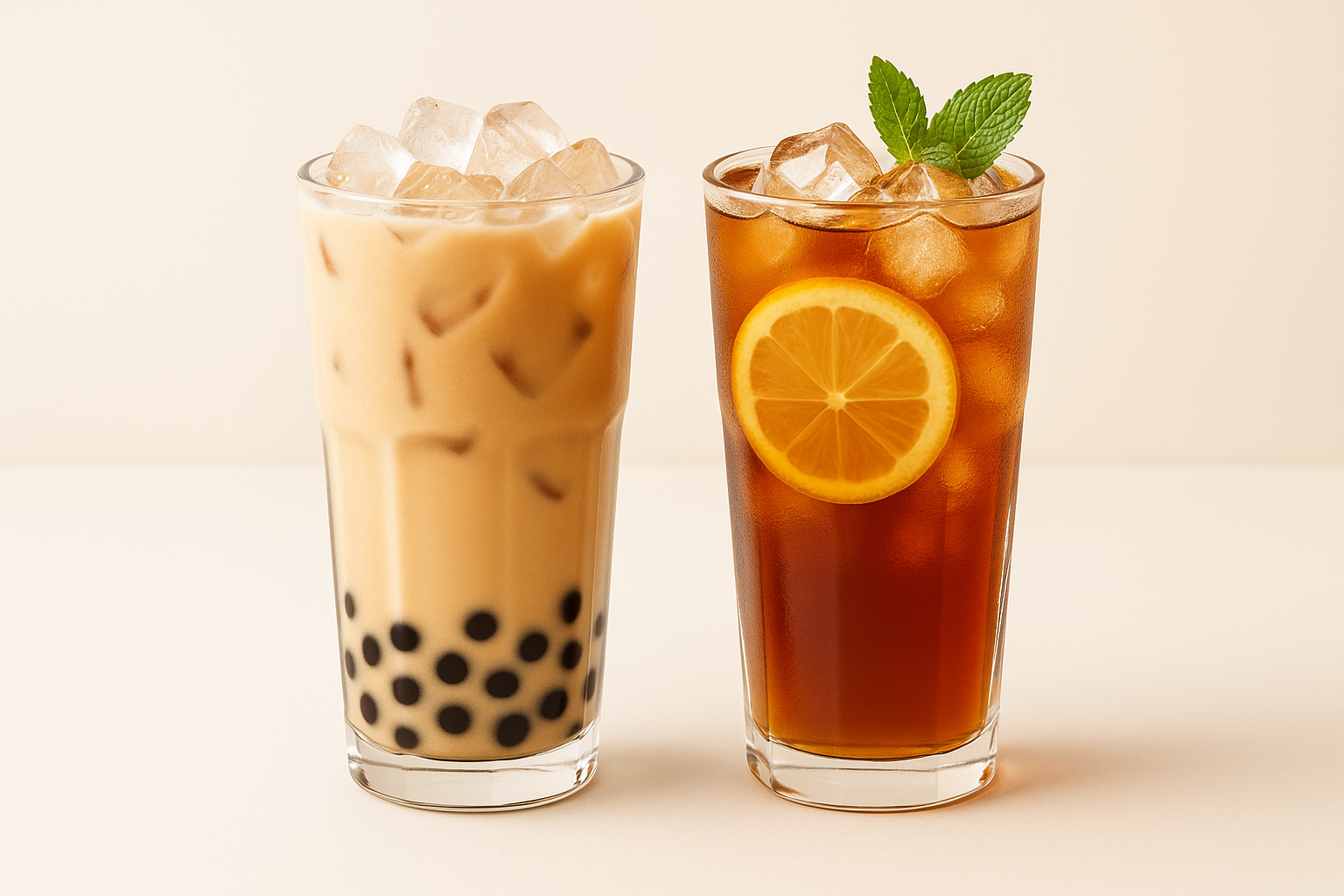 Two black tea-based drinks—one a classic iced milk tea with tapioca pearls, the other a refreshing fruit tea with lemon and mint—served in clear glasses on a white background