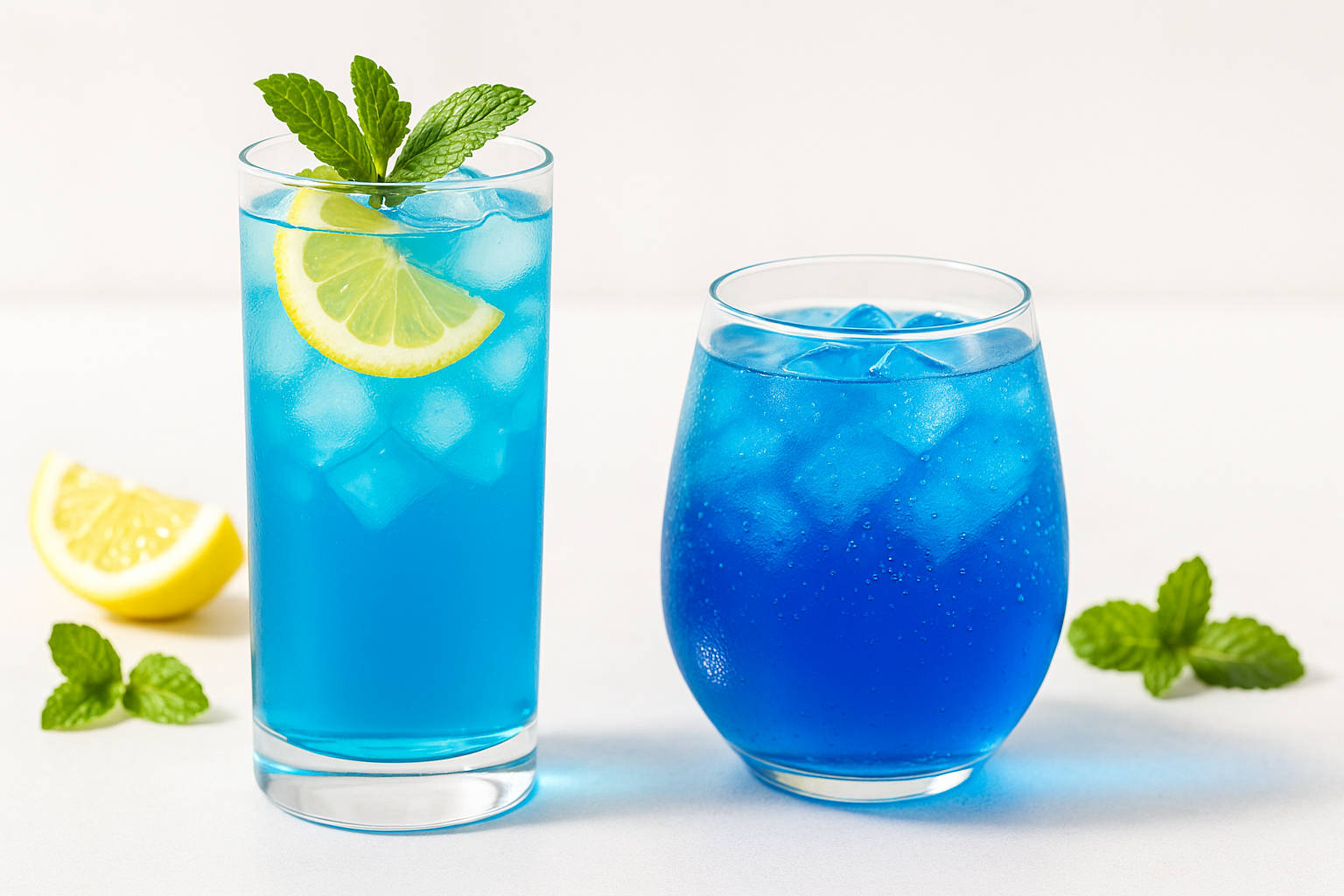 Two blue curacao drinks in clear glasses—one a tropical mocktail with lemon slices and mint, the other a sparkling blue fruit tea with ice—served on a white surface under natural light with a bright summer feel.