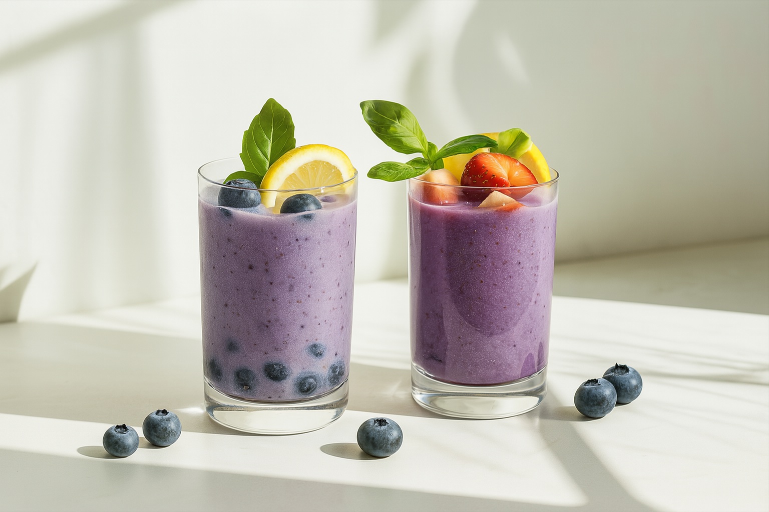 Assorted blueberry-flavored drinks made with powdered mix, including milk tea, smoothies, and sparkling beverages in clear cups.