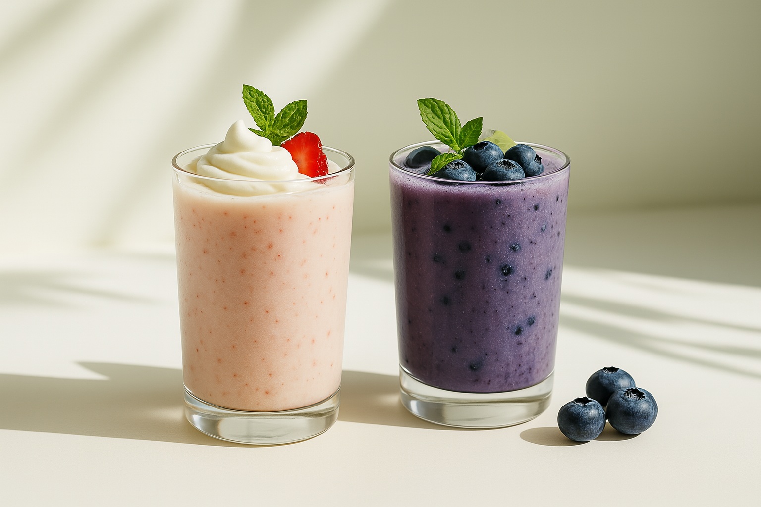 Two blueberry jam smoothies served in clear glasses, one topped with whipped cream and blueberries, the other with fresh blueberries and mint, set against a soft beige background with natural sunlight.