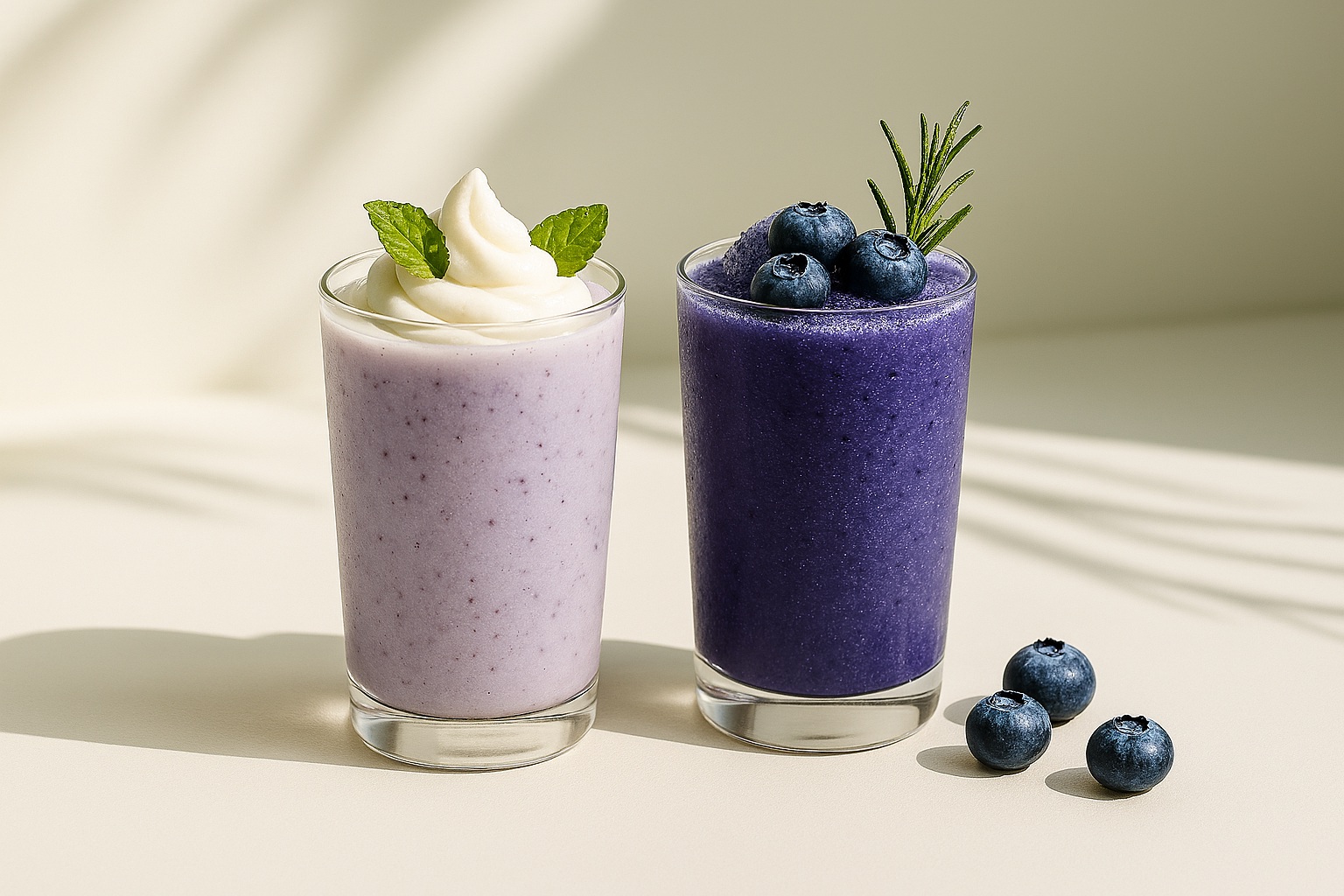 Two blueberry smoothies in clear glasses—one light purple topped with whipped cream and mint, the other deep purple garnished with fresh blueberries and rosemary—on a sunlit cream background with blueberry accents.